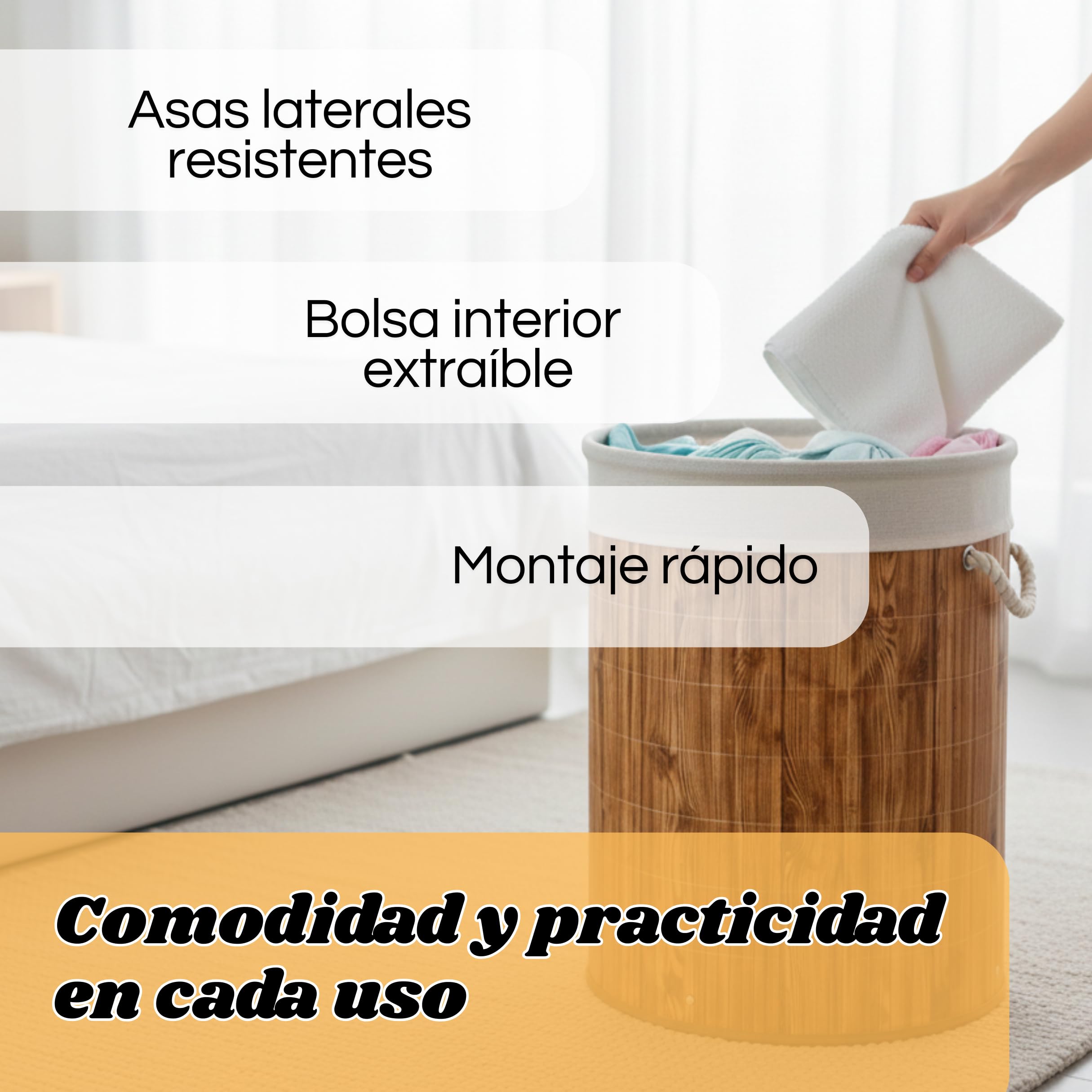 Weida Cesto de la Ropa Sucia de Bambú | Rectangular con Tapa y Asas Plegable | Bolsa Extraíble y Lavable |Moderno, para baño o Dormitorio | Marrón Madera (50cm-35cm Redondo) - 4