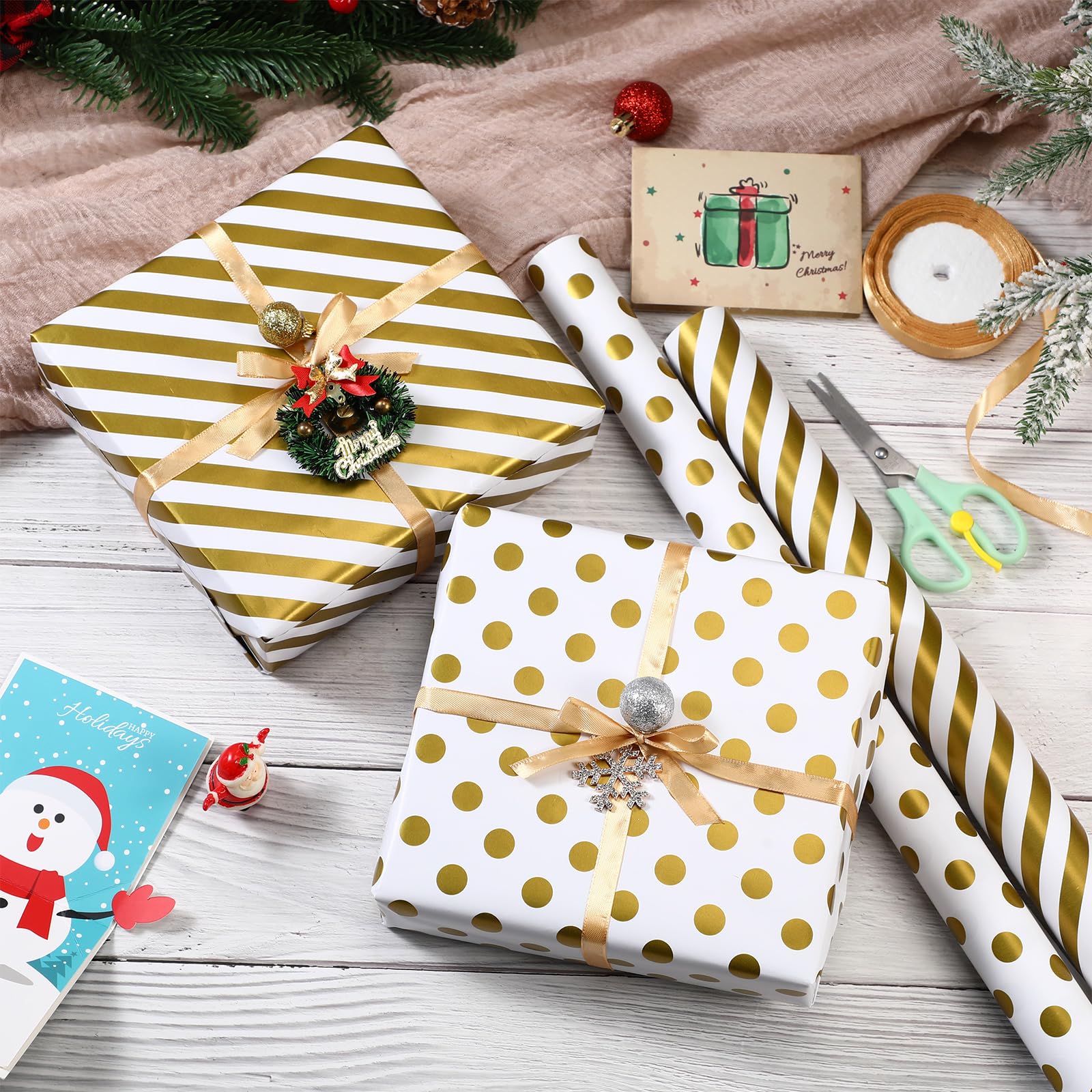 Tatuo 8 Rollen Weihnachts-Geschenkpapier, Weihnachtsmann, Geschenk, Schneeflocken, Baum, Streifen, Rentier, Goldstreifen und Punkte, Design Geschenkpapier für Weihnachtsferien – 27,6 x 78,7 Zoll (6,5