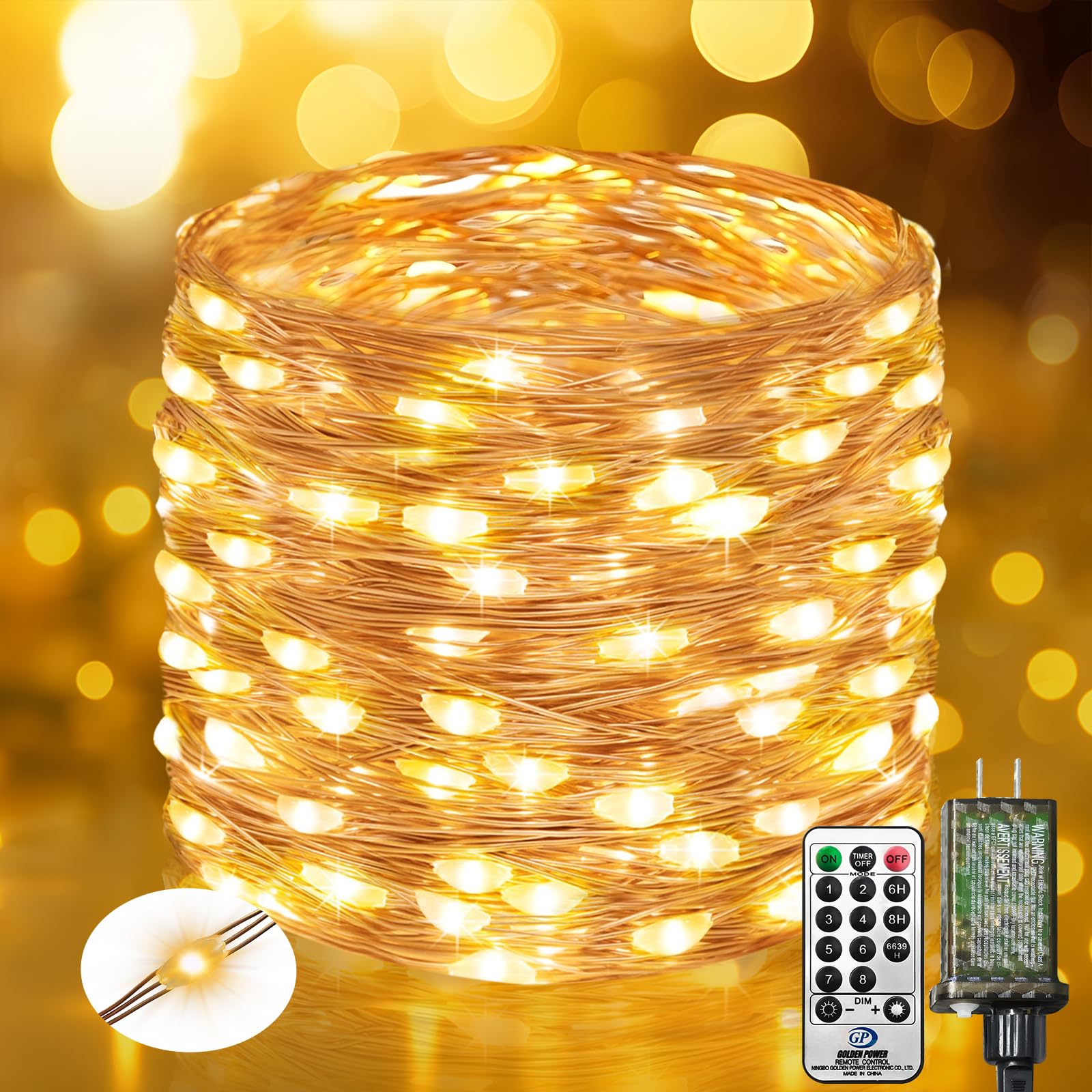 btfarm Fairy Lights Plug in with Remote, 33FT 100 LED Twinkle Lights Indoor Timer, 8 Modes String Lighting Copper Wire Waterproof for Bedroom Christmas Tree Wedding Outdoor Decorations, Warm White