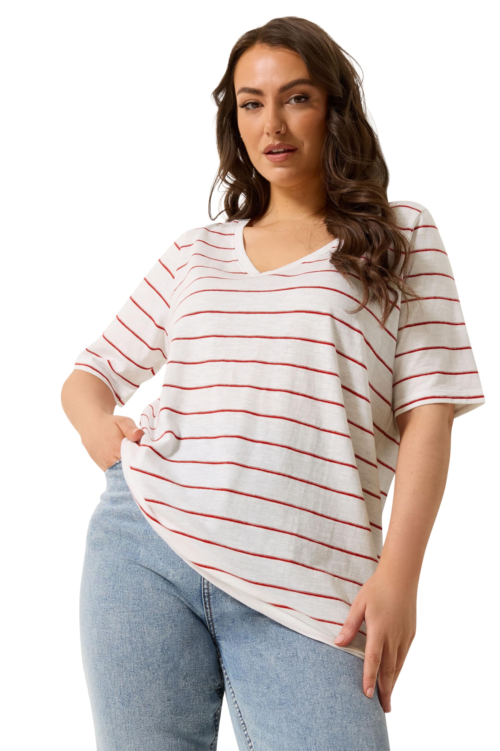Yours Women's White Stripe Short Sleeve T-Shirt In | Size: 16