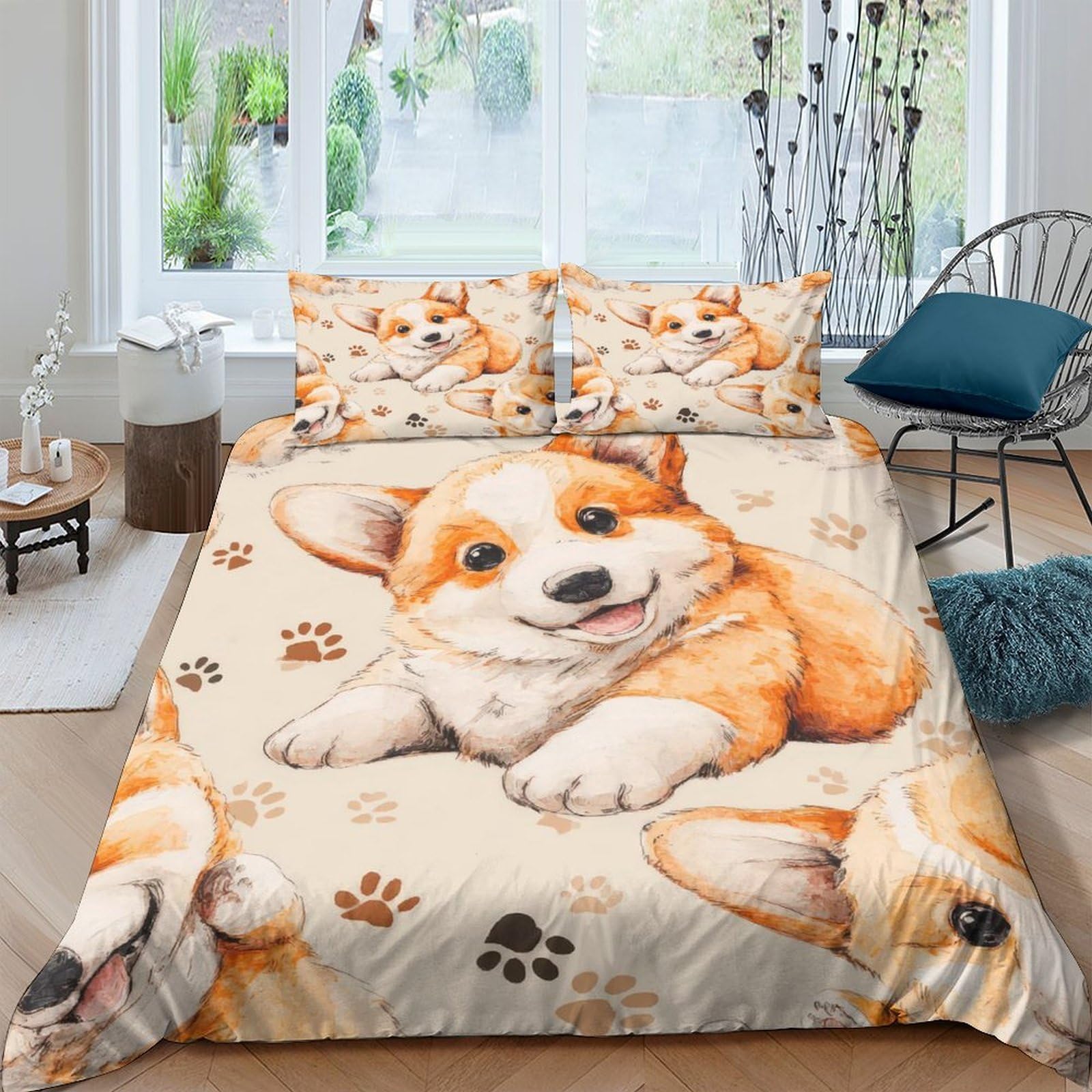 Ctjqhvkz Style-7 3D Printed Corgi Dog Fitted Sheet Microfiber Cartoon Paw Mattress Cover Anti-Slip Easy Care Bedroom Decor For Home Single（135X200cm）