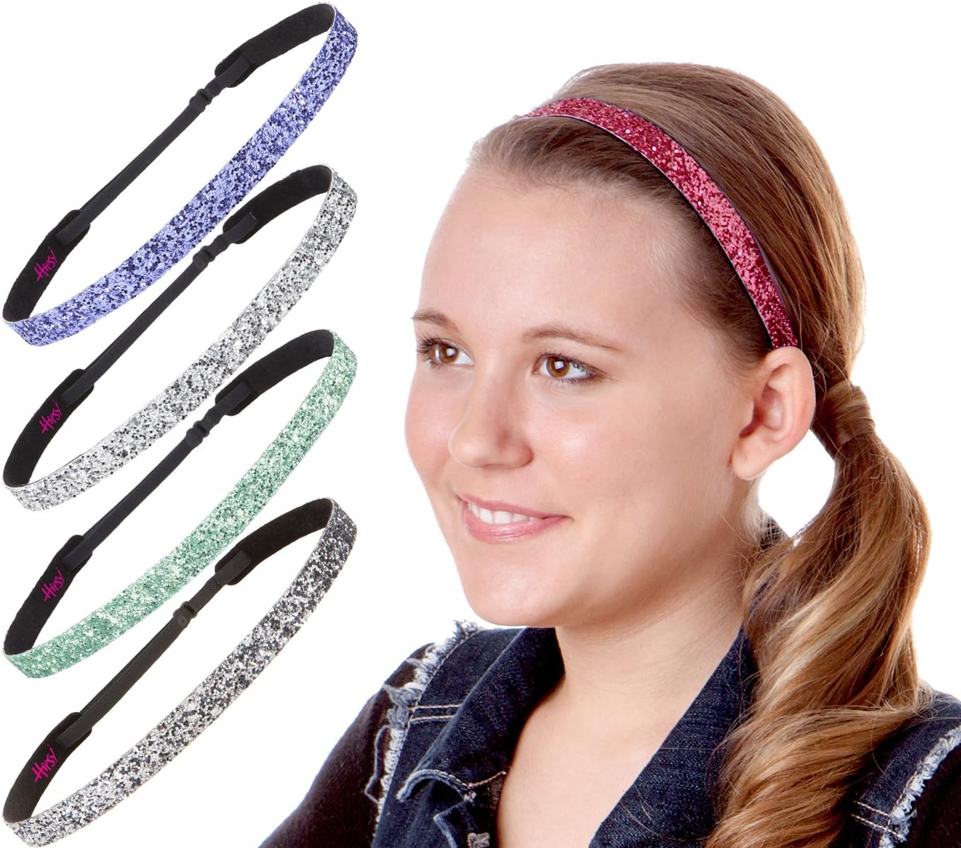 Hipsy Women's Headband Adjustable Glitter 5pk Purple, Silver, Seafoam, Gunmetal, Pink