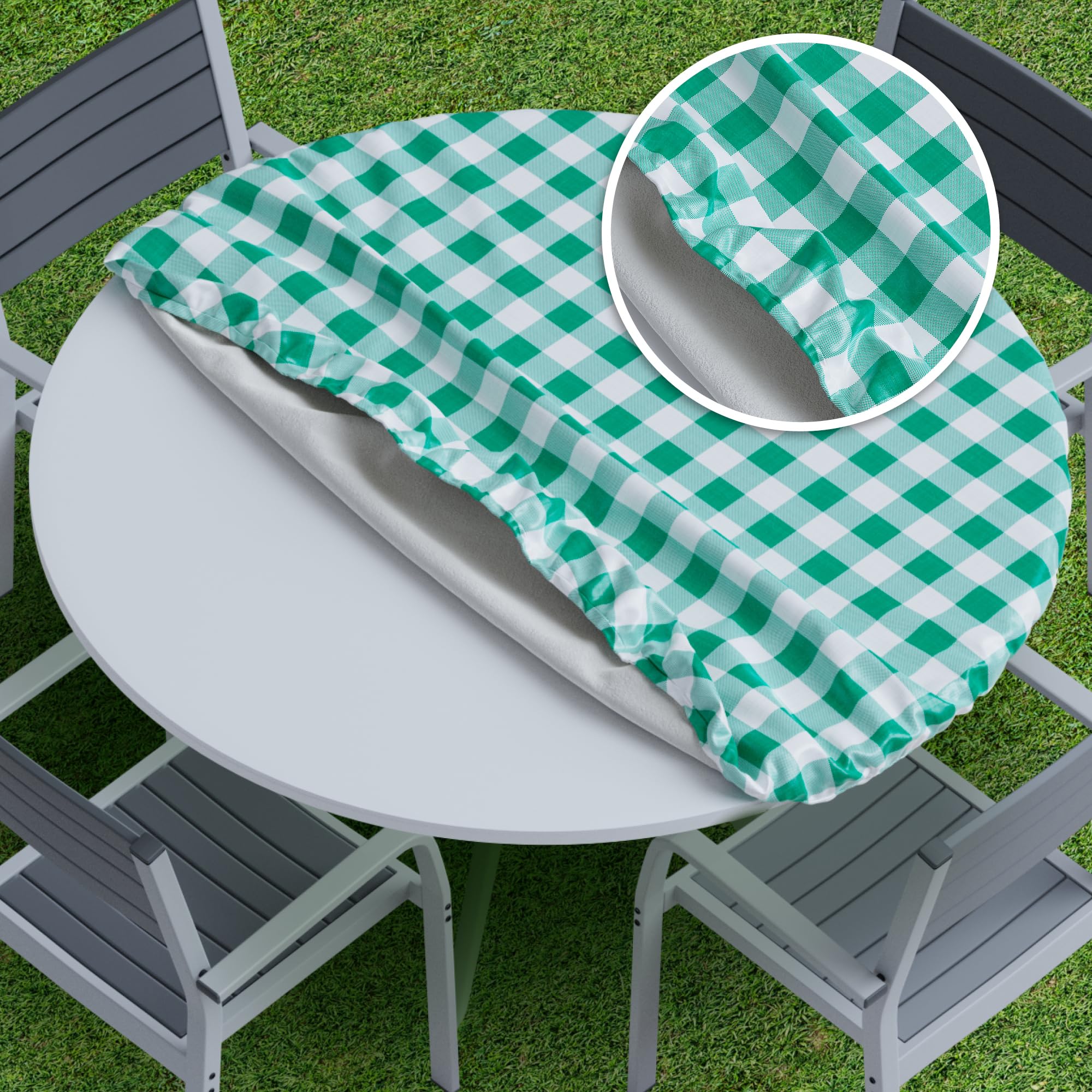 Sorfey Vinyl Fitted Tablecloth Cover, Checke Design, Flannel Backed Lining Fits Up-to 40-44 Round Tables Green