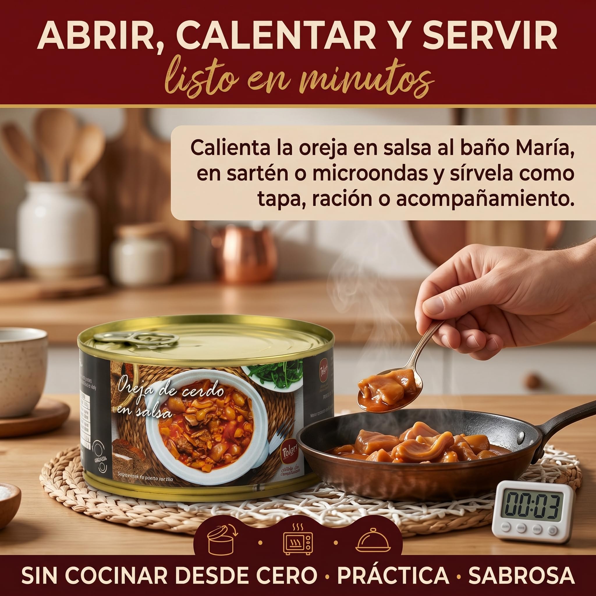 POLGRI Oreja de Cerdo en Salsa 425g x 3 latas Receta Tradicional de La Mancha Lista para Comer