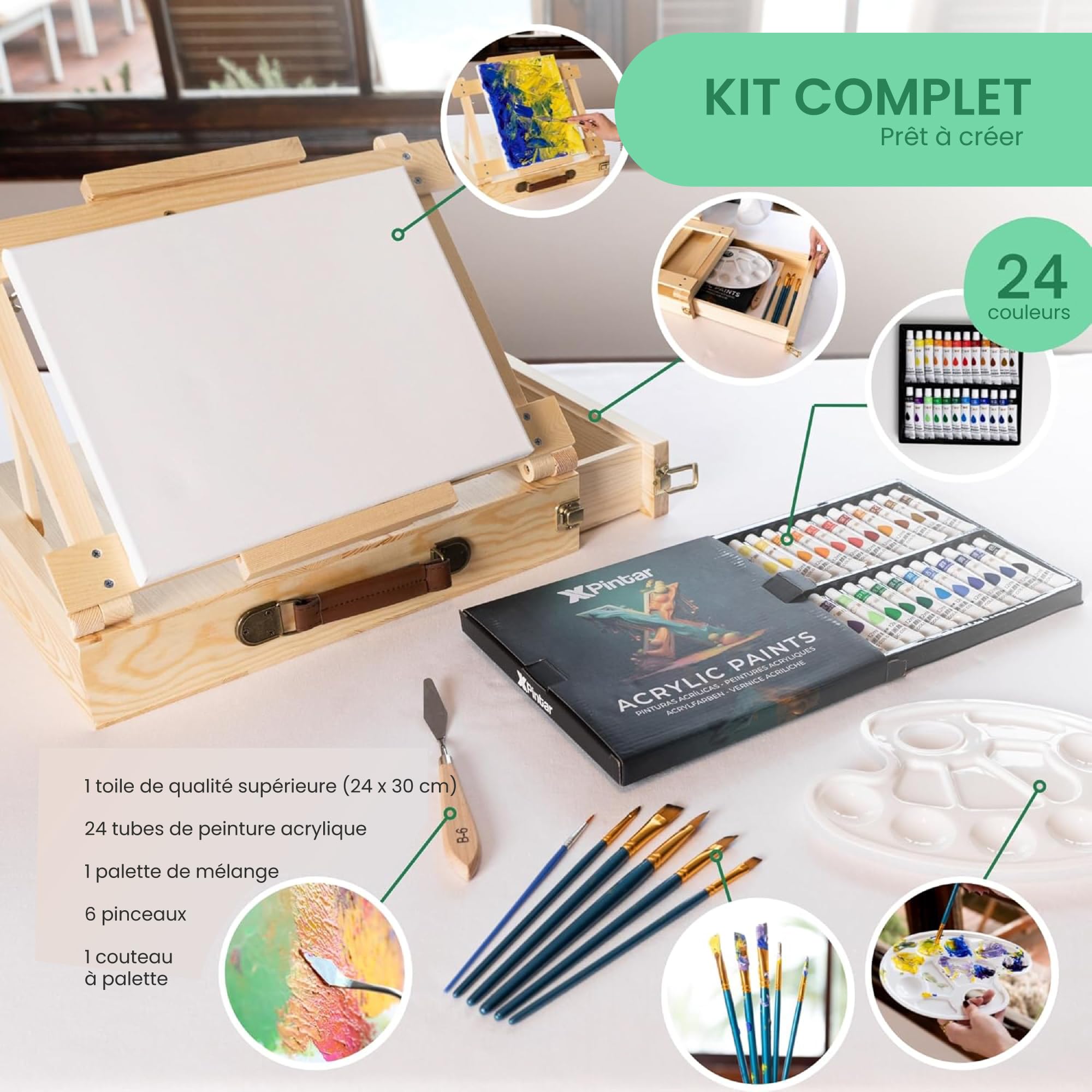 Kit Pintura Acrílica 34 Piezas Caballete Maletín Madera Portátil 24 Tubos 12 ml Colores Vivos Lienzo 24x30 cm 6 Pinceles Espátula Paleta Set Completo Adultos Niños Principiantes Arte Regalo Creativo