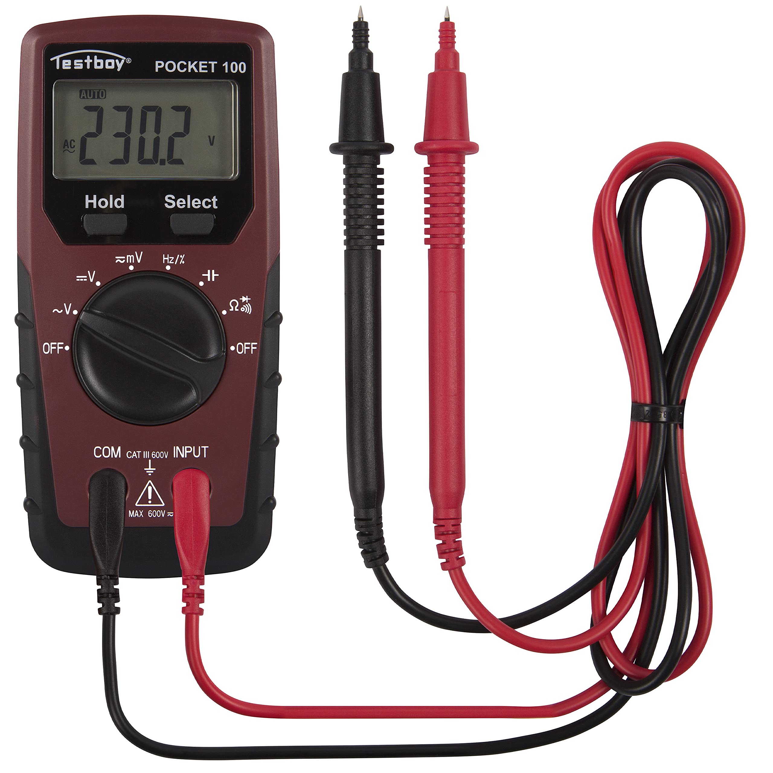 Multimetro digitale Testboy Pocket 100 (piccolo e maneggevole, misurazione della tensione fino a 600 V AC/DC, display LC con retroilluminazione, funzione data hold, T-RMS), rosso/nero