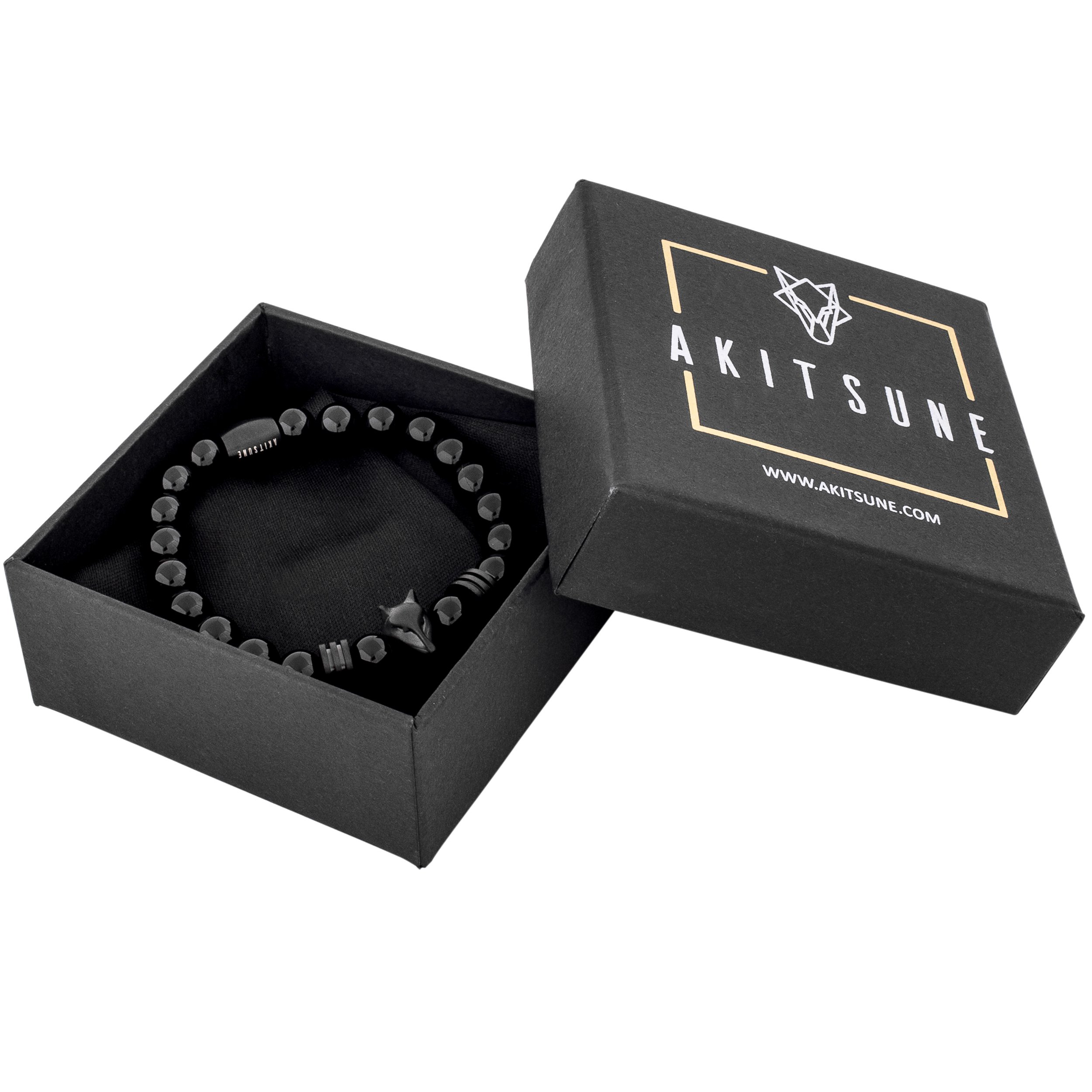 Akitsune Obsidian Perlenarmband | Premium Armband für Männer | Perlenarmband Herren mit Edelsteinen & Edelstahl Fuchs-Emblem | Exklusive Schmuckschachtel | Tolle Geschenkidee