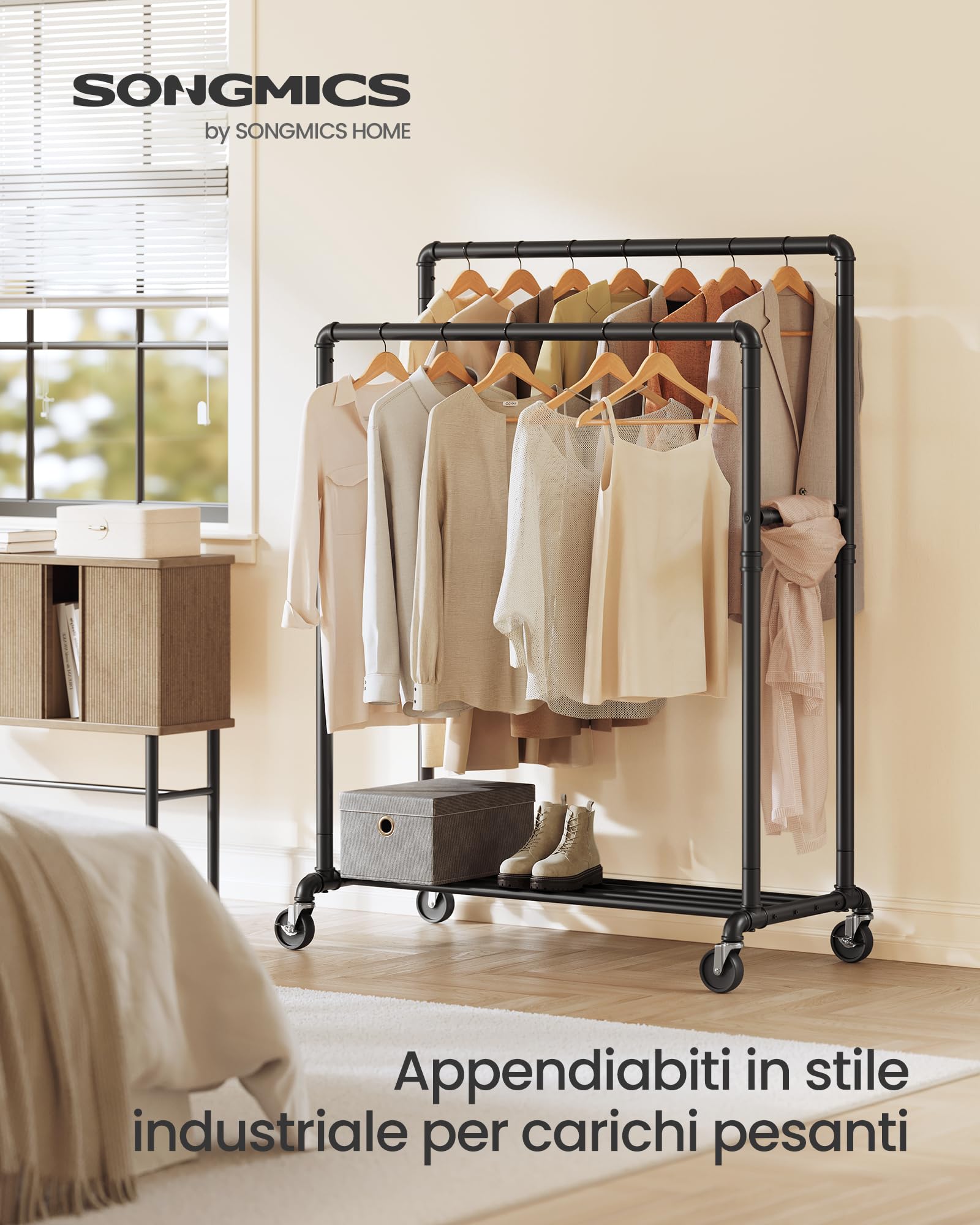 SONGMICS Stand Appendiabiti a Doppia Barra, Struttura in Metallo, 59 x 100 x 162 cm, con Ripiano Portaoggetti e Rotelle, 2 Ruote con Freni, Portata fino a 110 kg, Nero HSR60B