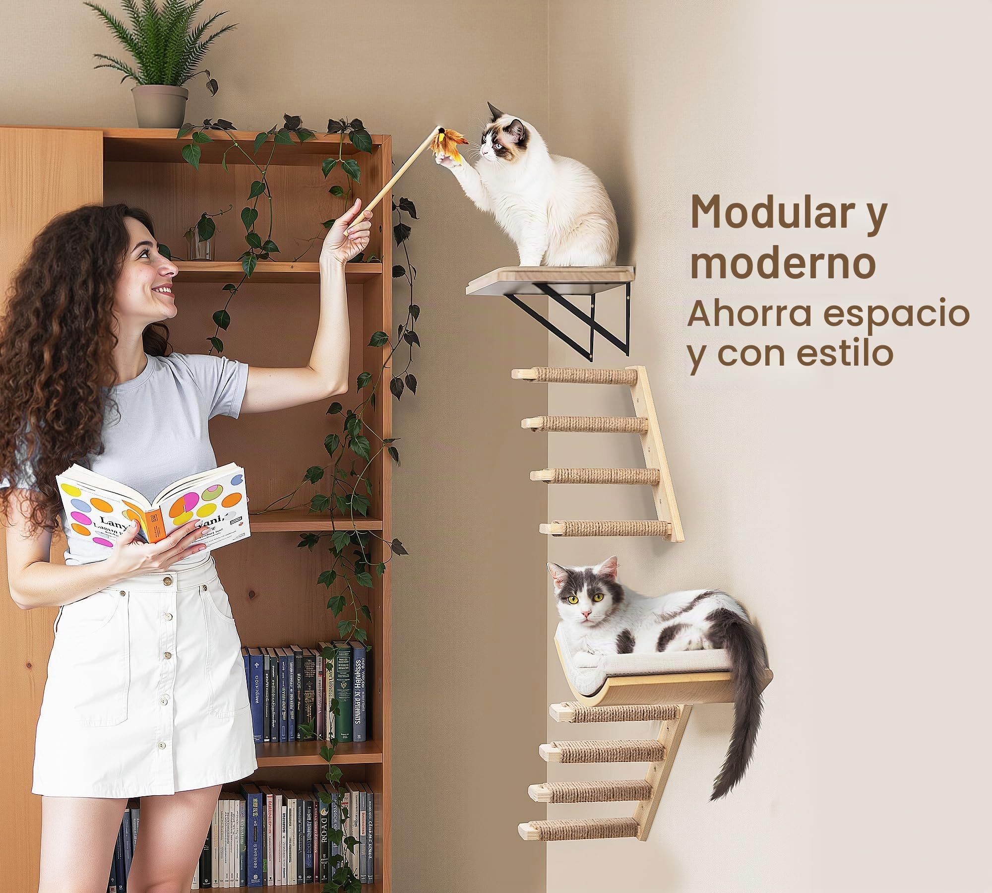 Estantes de pared para gatos con alfombrilla de esponja, árbol trepador para gatos con plataformas cuadradas de 2 escalones y plataformas curvas, juego de muebles de pared de madera para gatos para