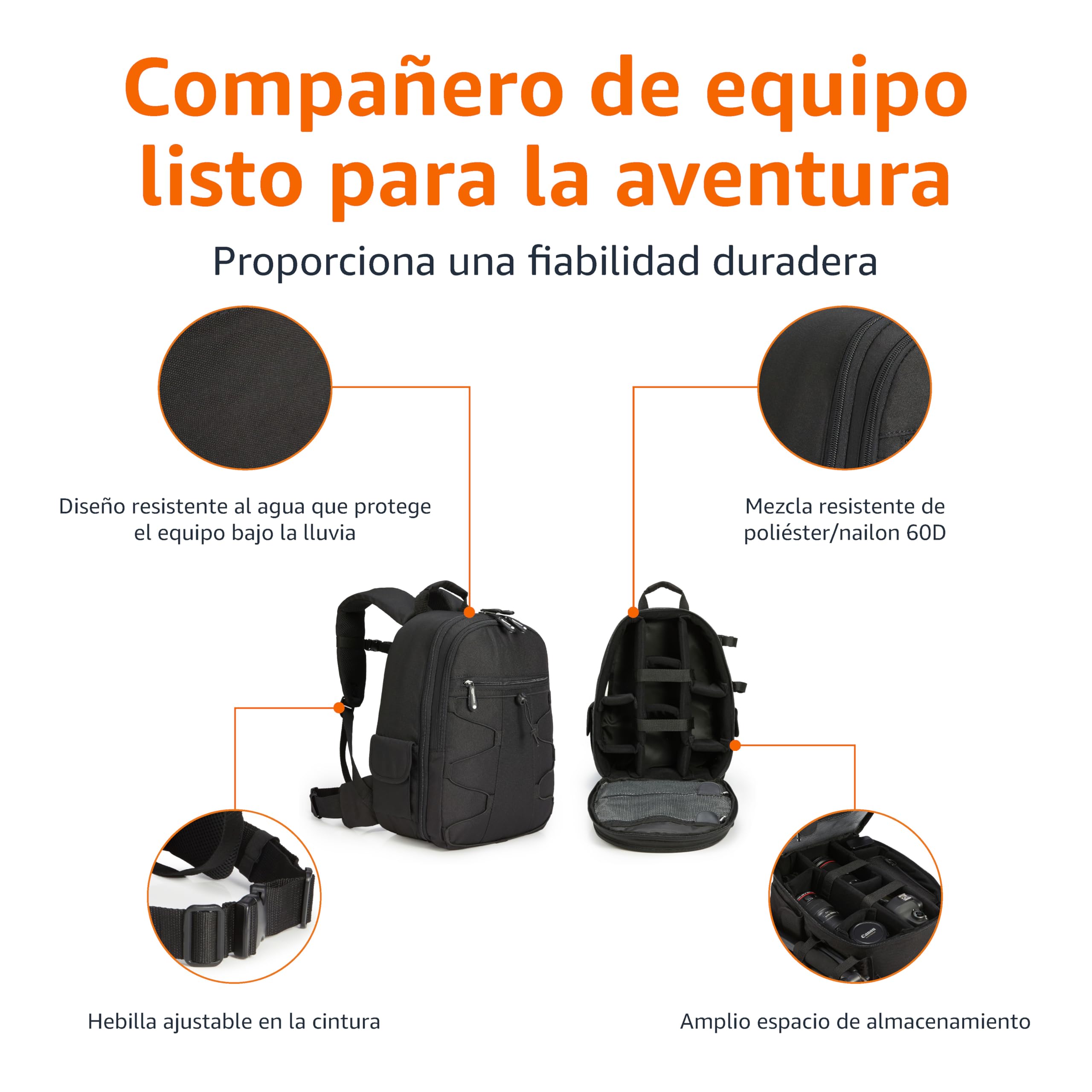 Amazon Basics Mochila para Cámara de Gran Capacidad con Acolchado Interno para DSLR y Accesorios, Impermeable y Resistente a los Golpes, 30 x 15 x 37 cm, Negro, Sólido