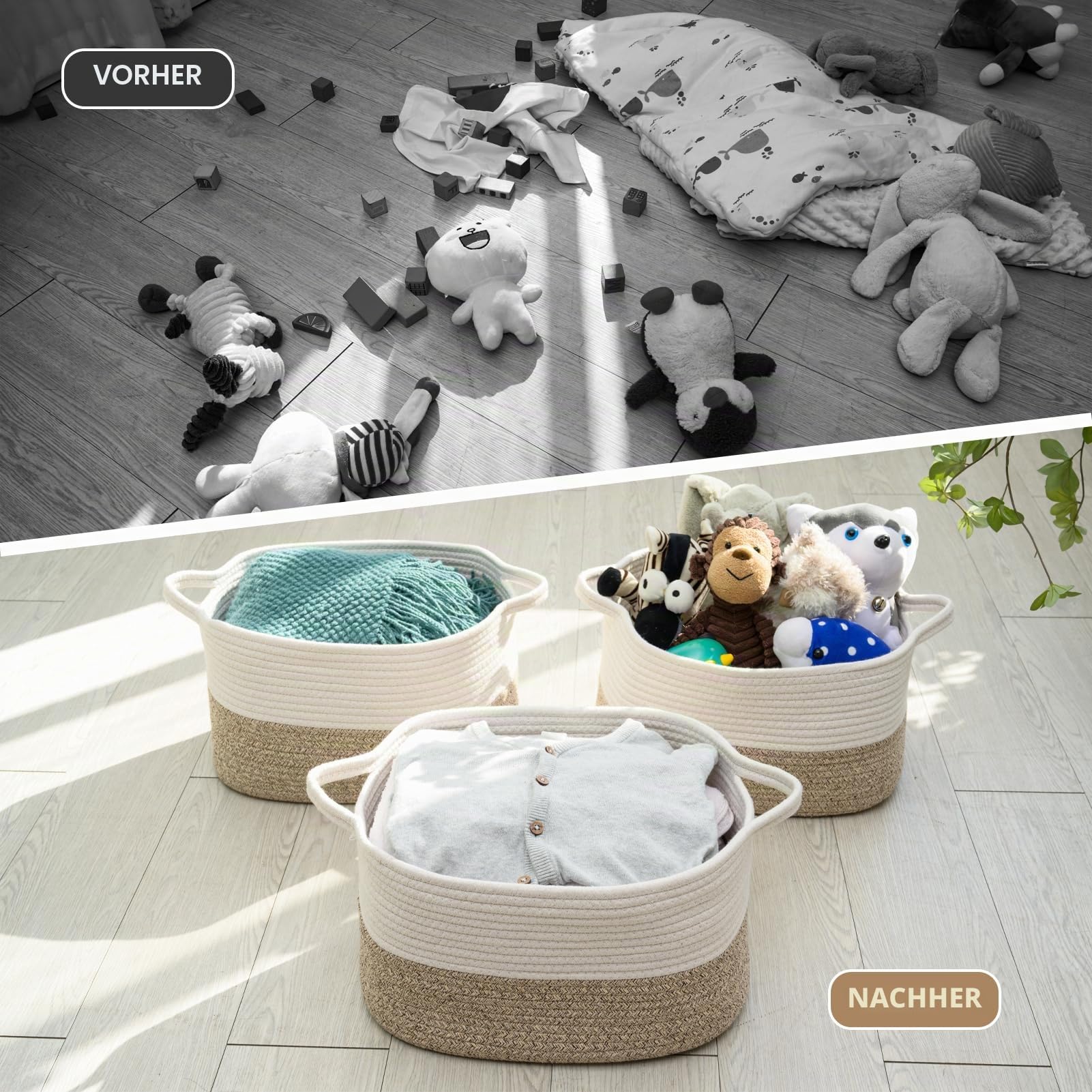 Baumwollseil gewebter Aufbewahrungskorb, verwendet für Baby Hamper Spielzeug Organizer, Geschenkkörbe leer, Kinder Wäschekorb, Baby Decke Korb. Größe 38x25x22 CM. (Weiß&Braun-3PCS)