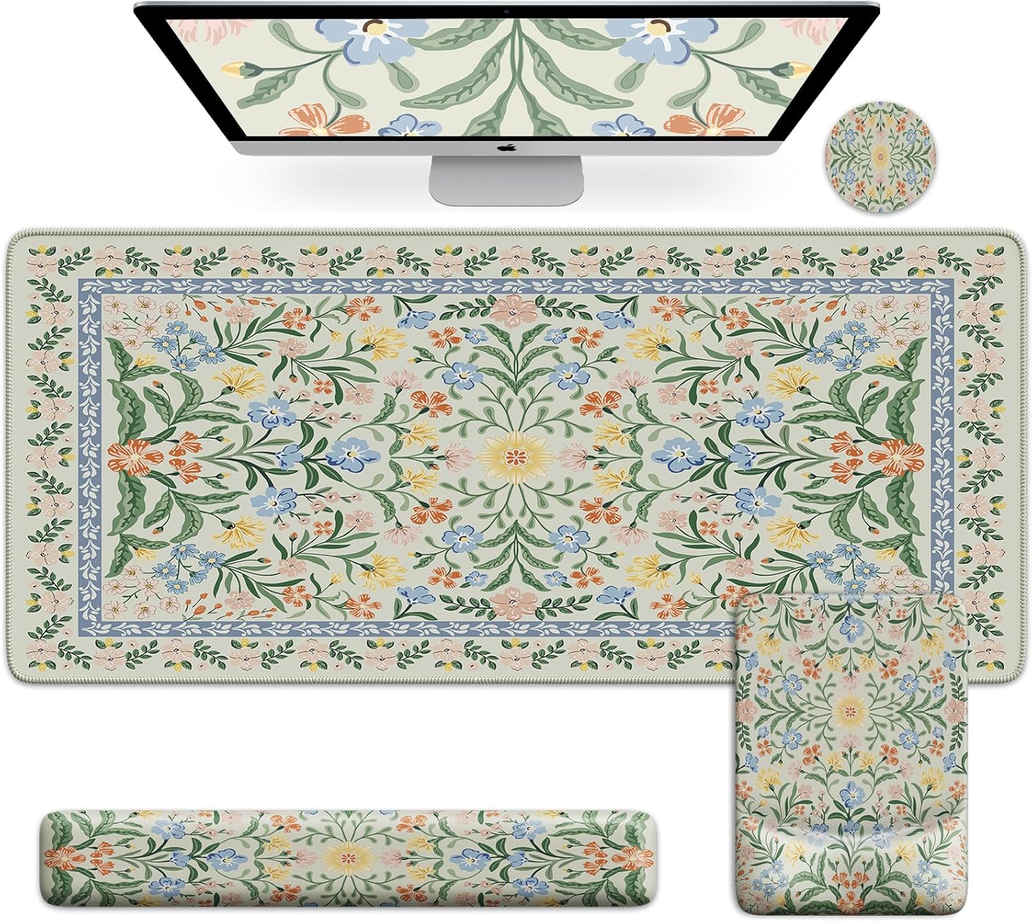 iCasso Mouse Pad with Wrist Rest,Large Desk Mat Set,Ergonomic Keyboard Pad with Wrist Support,Non-Slip Mouse Mat for Women,Cute Floral Computer Mat for Home Office Gaming (Light Green)