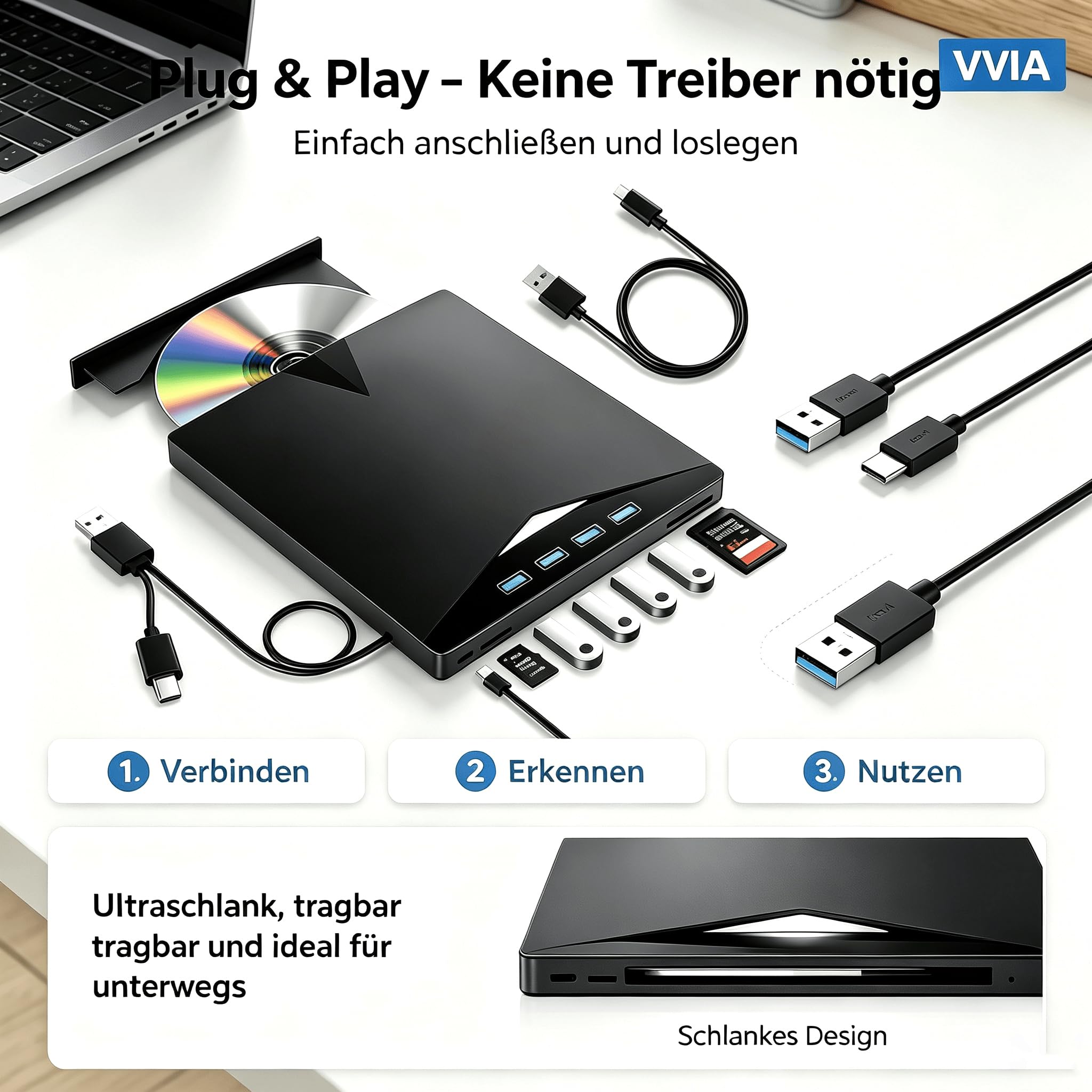 vvia Zewnętrzny napęd CD/DVD, USB 3.0 i palnik typu C