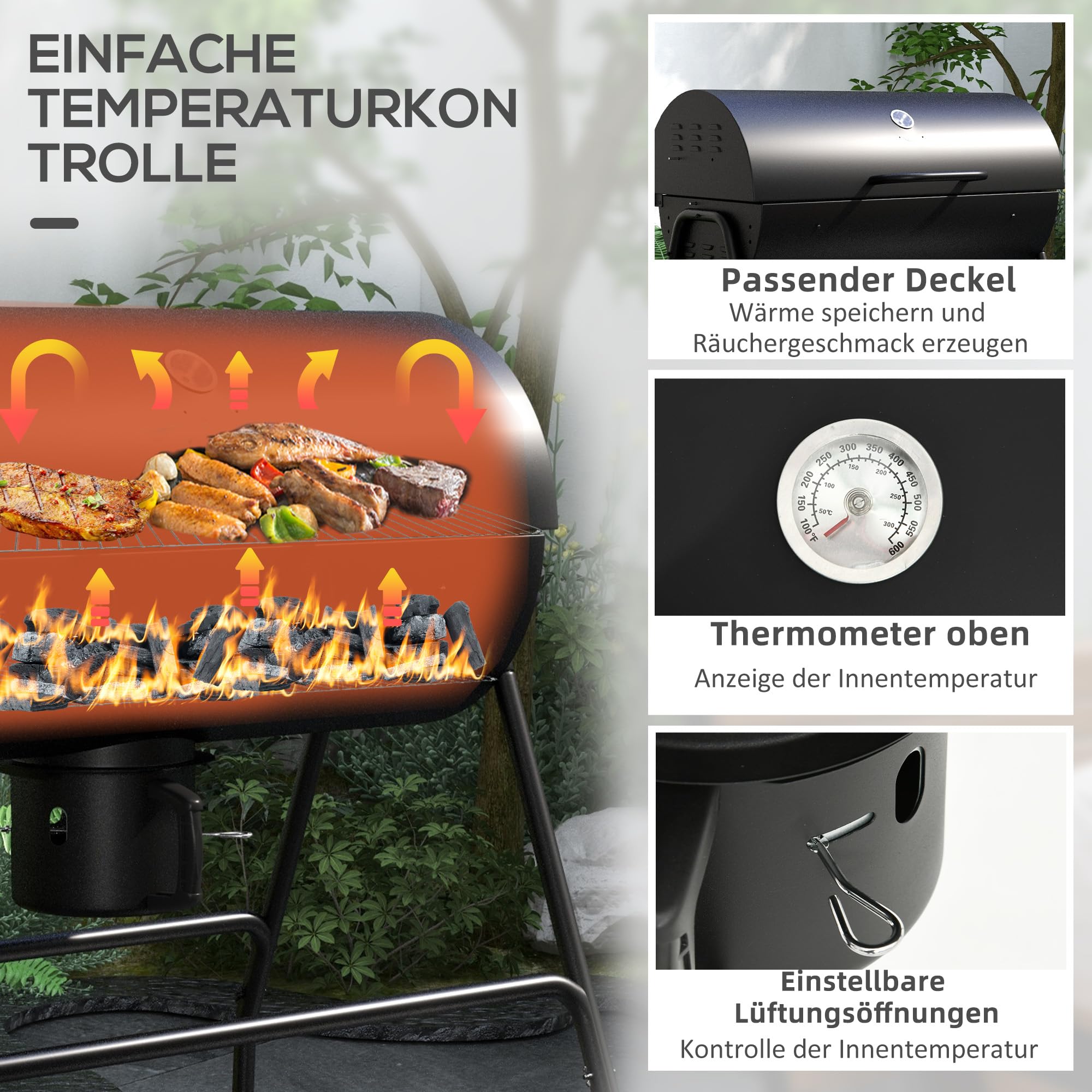 Outsunny Grill na węgiel drzewny z metalu z pokrywą termometr, 95 x 71,5 x 102 cm | BBQ Smoker, kółka, regulowana miska na węgiel, uchwyt, wózek grillowy, grill na węgiel drzewny, grill węglowy