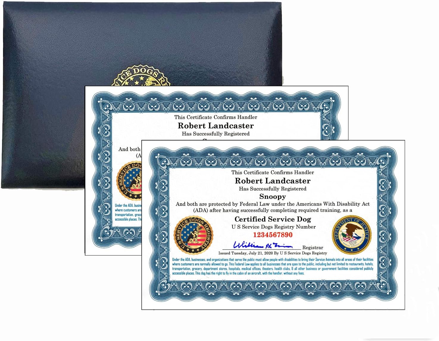 Official Certified Service Dog Customized Set of 2 Certificates with Raised Embossed Gold Seal & Leather Presentation Folder with Registration at U S Service Dogs Registry