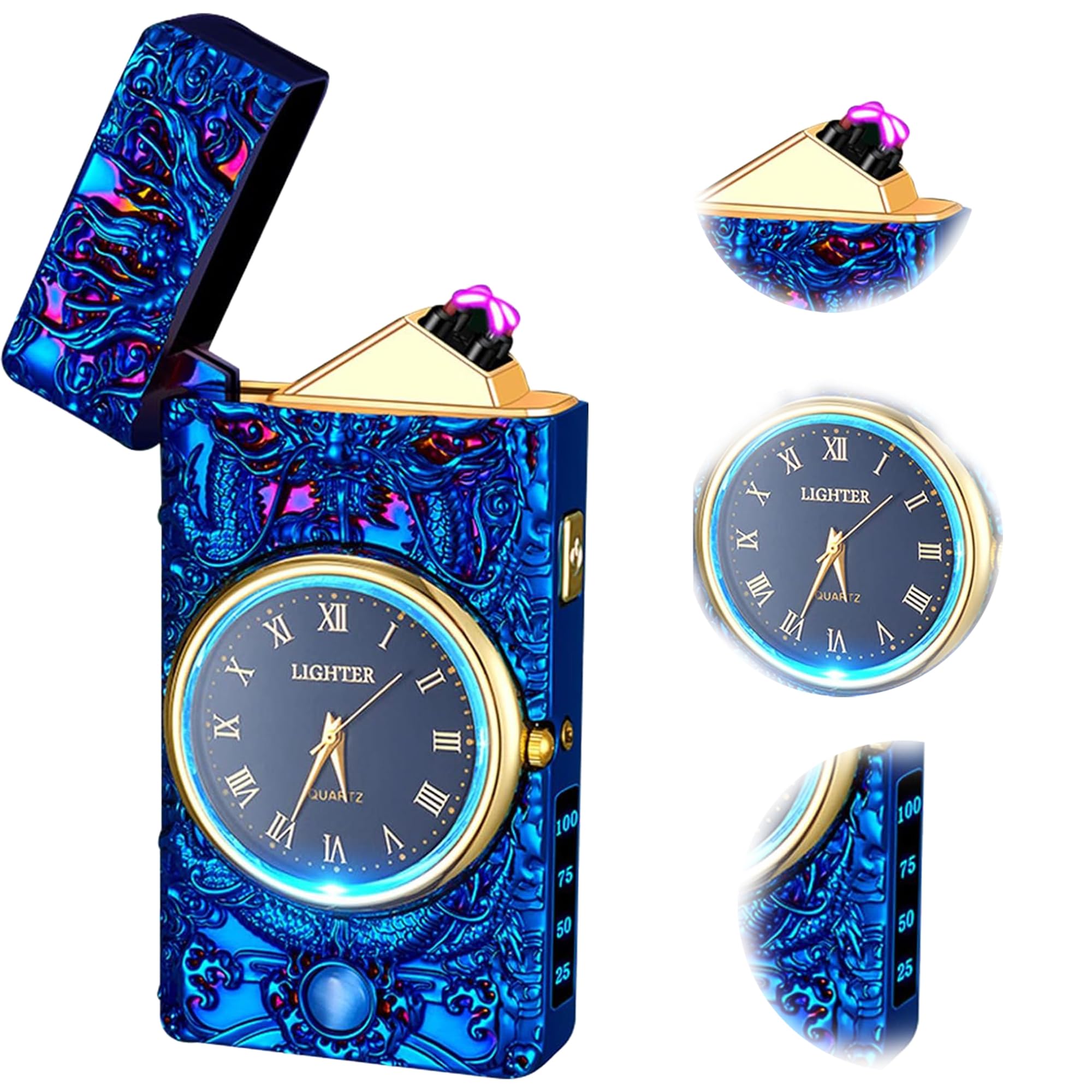 Electric Lighter with Clock Dial LED Power Display Plasma Dragon Lighters Windproof USB Rechargeable Lighter Cool Lighte Gifts for Men Women （Dragon -Blue-image-27