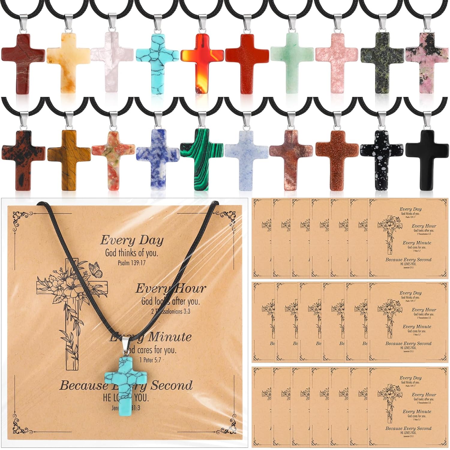 Christian Cross Charms for Jewelry Making Natural Stone Cross Gemstone Pendant Quartz Crystal Charm with Leather Chain and Card for DIY Necklace Earring Bracelet Gifts