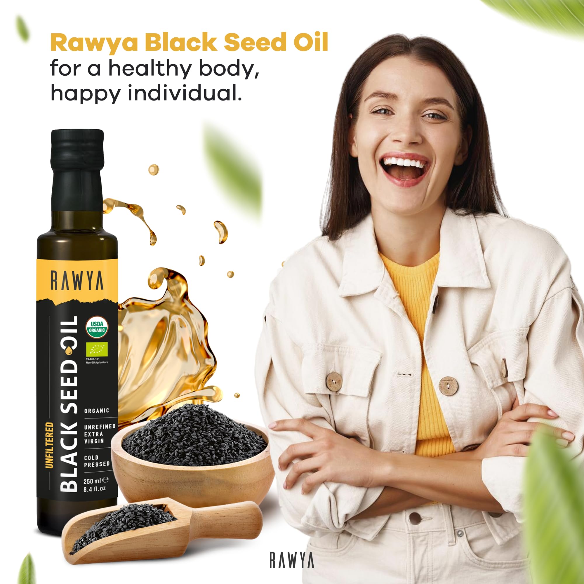 RAWYA Aceite de semilla negra orgánico, prensado en frío, origen turco, comino negro, Kalonji, suplemento Nigella Sativa con Omega 3, 6, 9, crecimiento del cabello y apoyo a la piel, sabor suave, 250