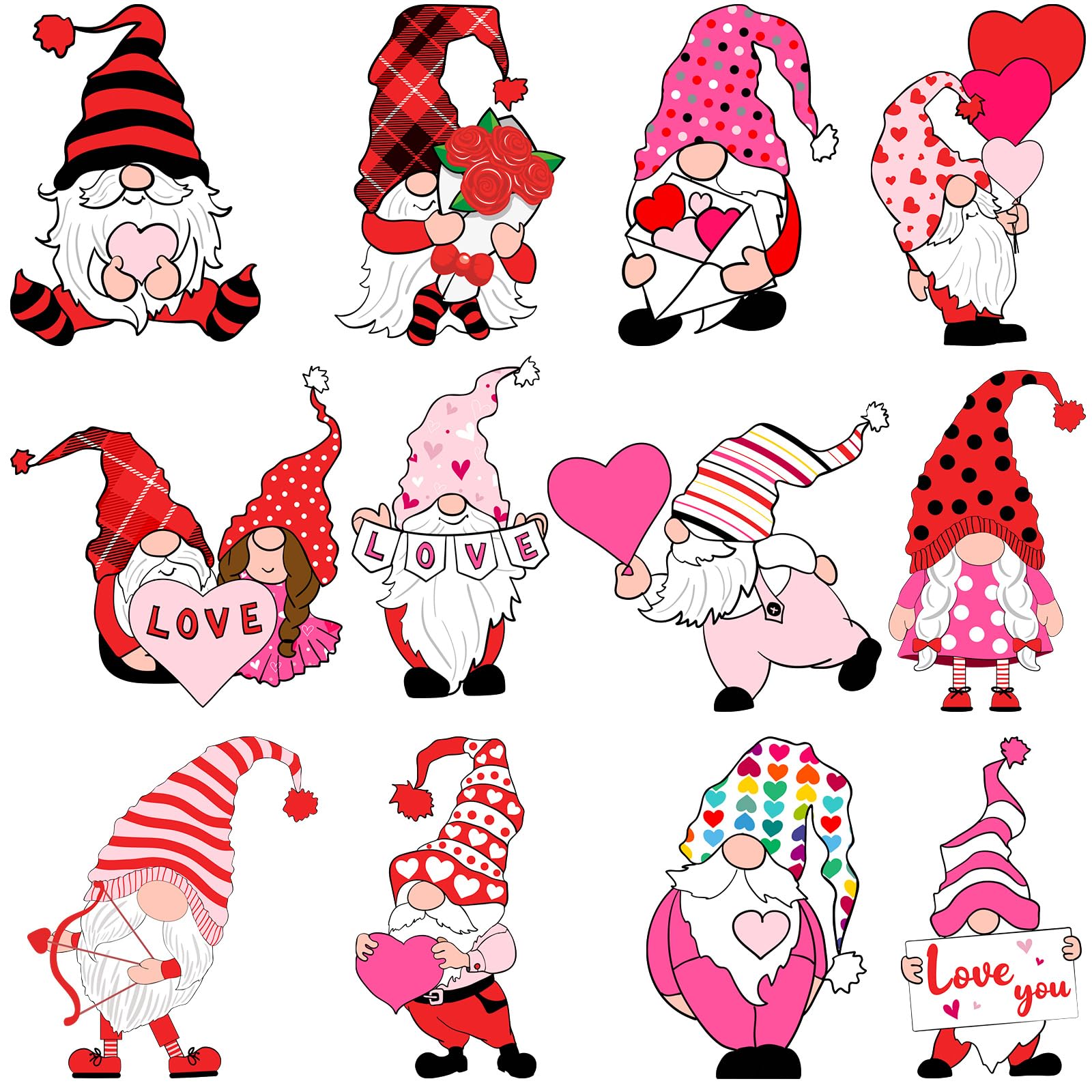 12 PCS Valentine's Day Gnome Cutouts Love Heart Gnome Cut-Outs with Glue Point Valentine's Day Theme Cutouts Couple Wedding Decoration Hearts Cutout Decor