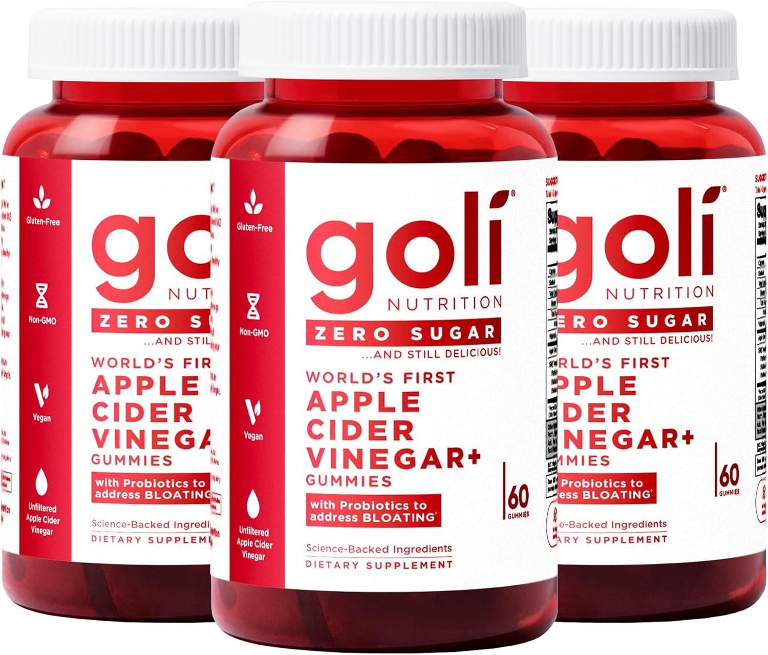 Goli Zero Sugar Apple Cider Vinegar Gummies, 60 Count Each (3 Pack, 180 Total) – ACV with Vitamin B12 & Probiotics, No Sugar Alcohols, Vegan, Keto & Gluten Free