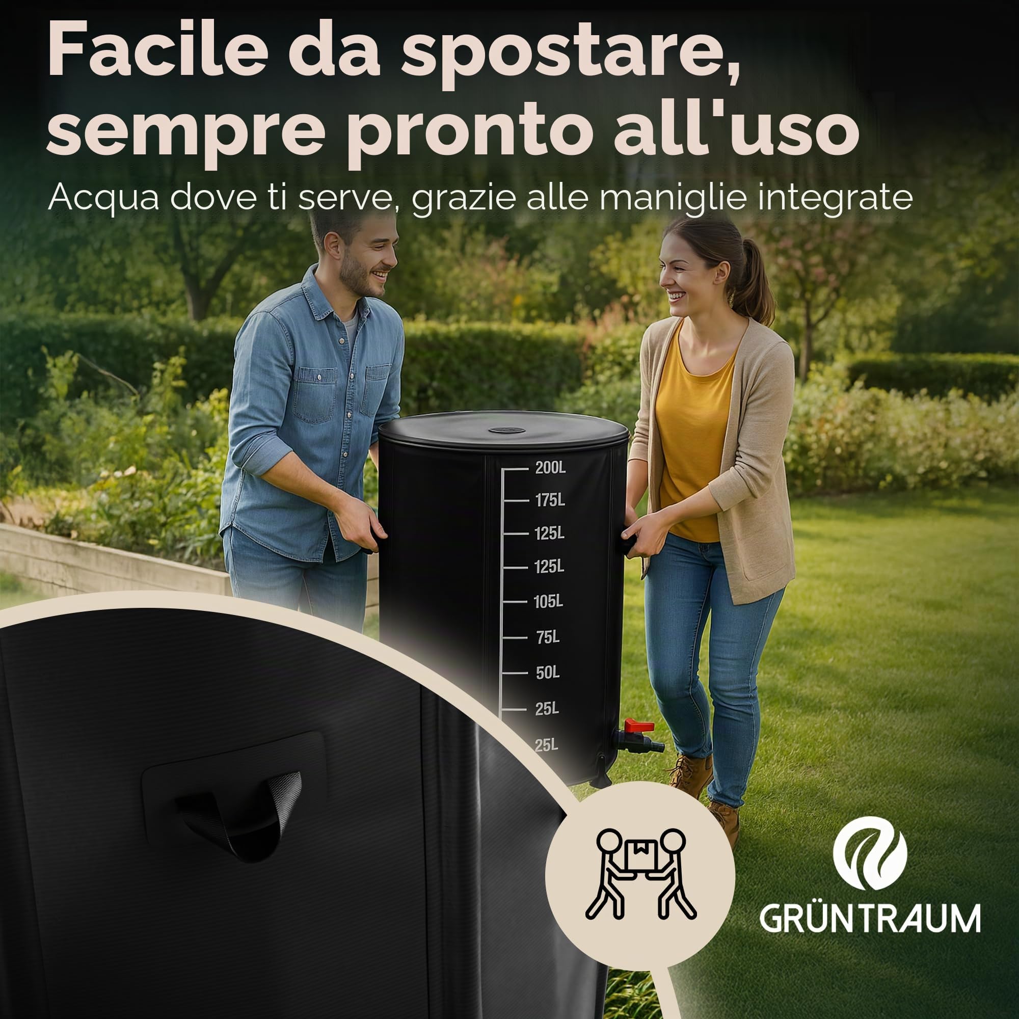 Serbatoio dell'acqua piovana pieghevole 200 l – Cisterna / Serbatoio per acqua piovana / Serbatoio d'acqua pieghevole – Fusto d'acqua stabile – resistente alle intemperie – con indicatore di