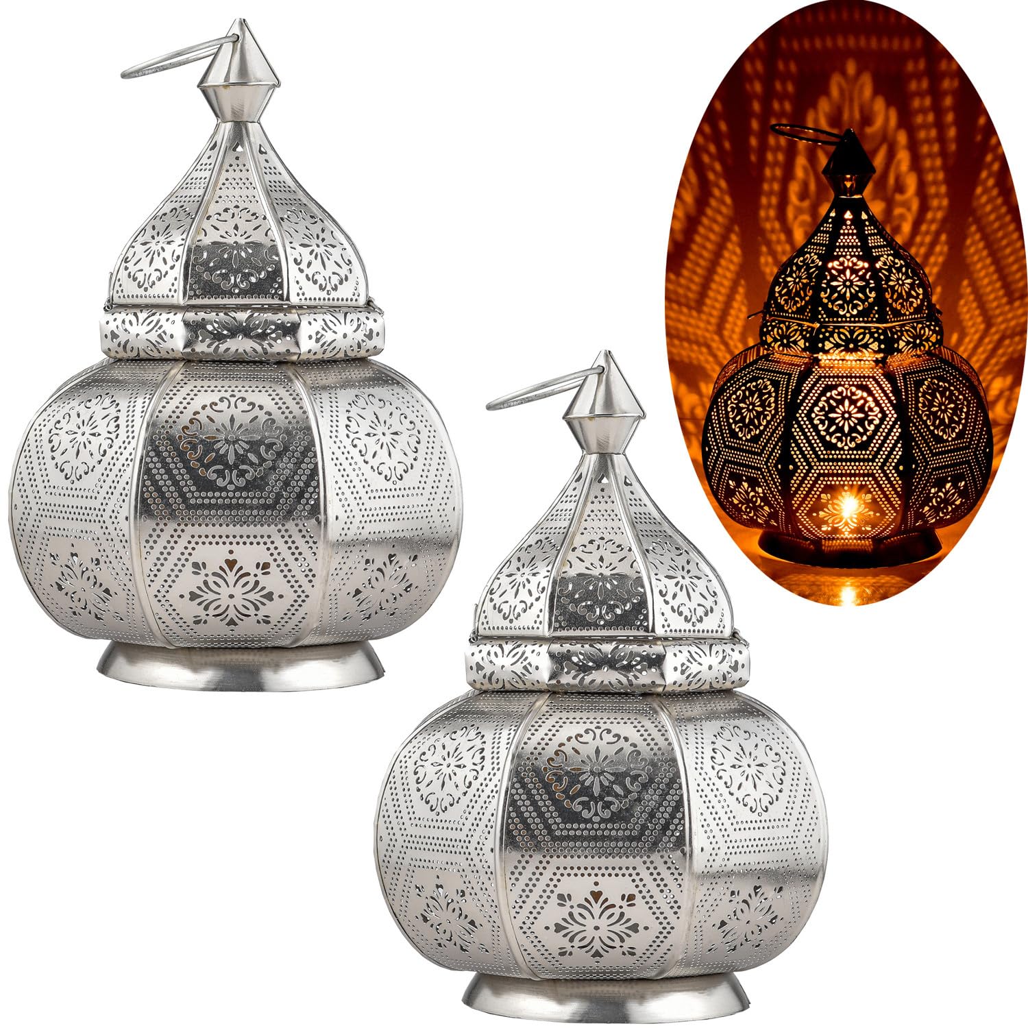 Zestaw 2 lamp i latarni Marrakeszu w jednym z metalu o wielkości 30 cm | Lampa stołowa Mahana srebrna jako orientalna dekoracja