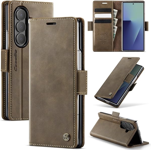 for Samsung Galaxy Z Fold 7 Case, Wallet Case Flip Leather with Card Holder Magnetic Closure Shockproof Kickstand Protective Phone Cases Cover for Galaxy Fold7, Coffee - 1