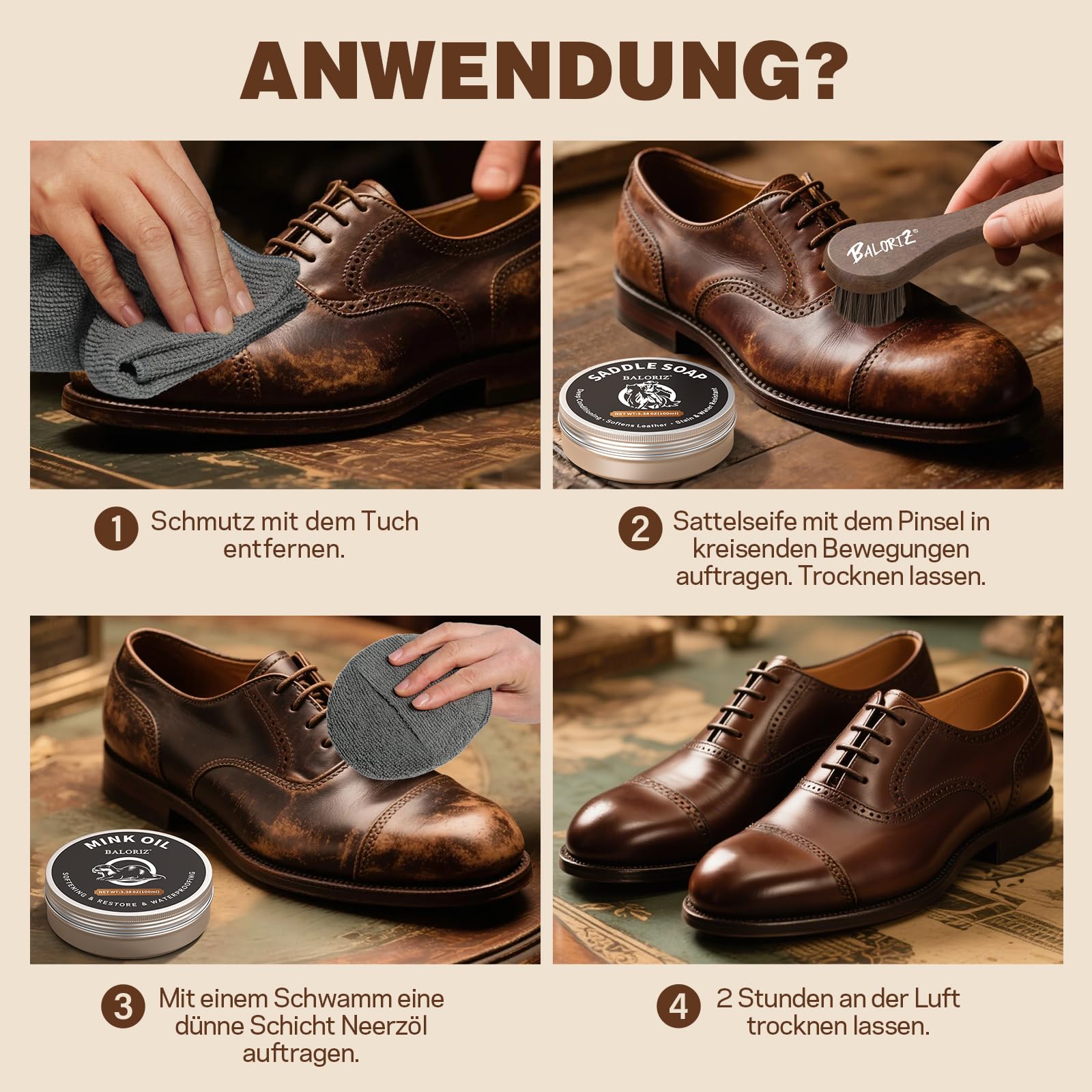 Lederstiefel-Pflegeset – Minköl, Sattelseife für Leder, Applikatoren & Tuch – Lederpflegeset, Stiefel-Lederpflegeset, Lederschuh-Pflegeset für Cowboystiefel, Arbeitssstiefel, Schuhe und Sattelzeug