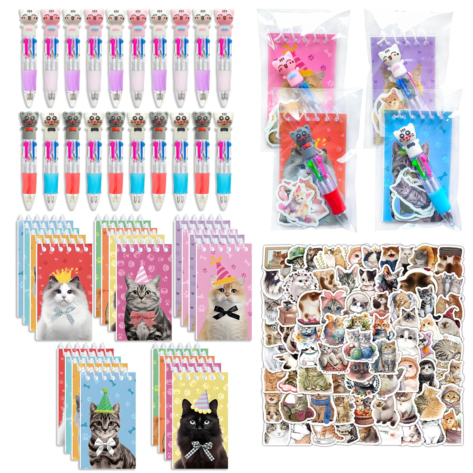 160 Pcs Cat Return Gifts Bulk Cat Paw Mini Notebooks Fun Pens Stickers Set for Cat Themed Party Favors School Supplies Class Reward Gift Prize