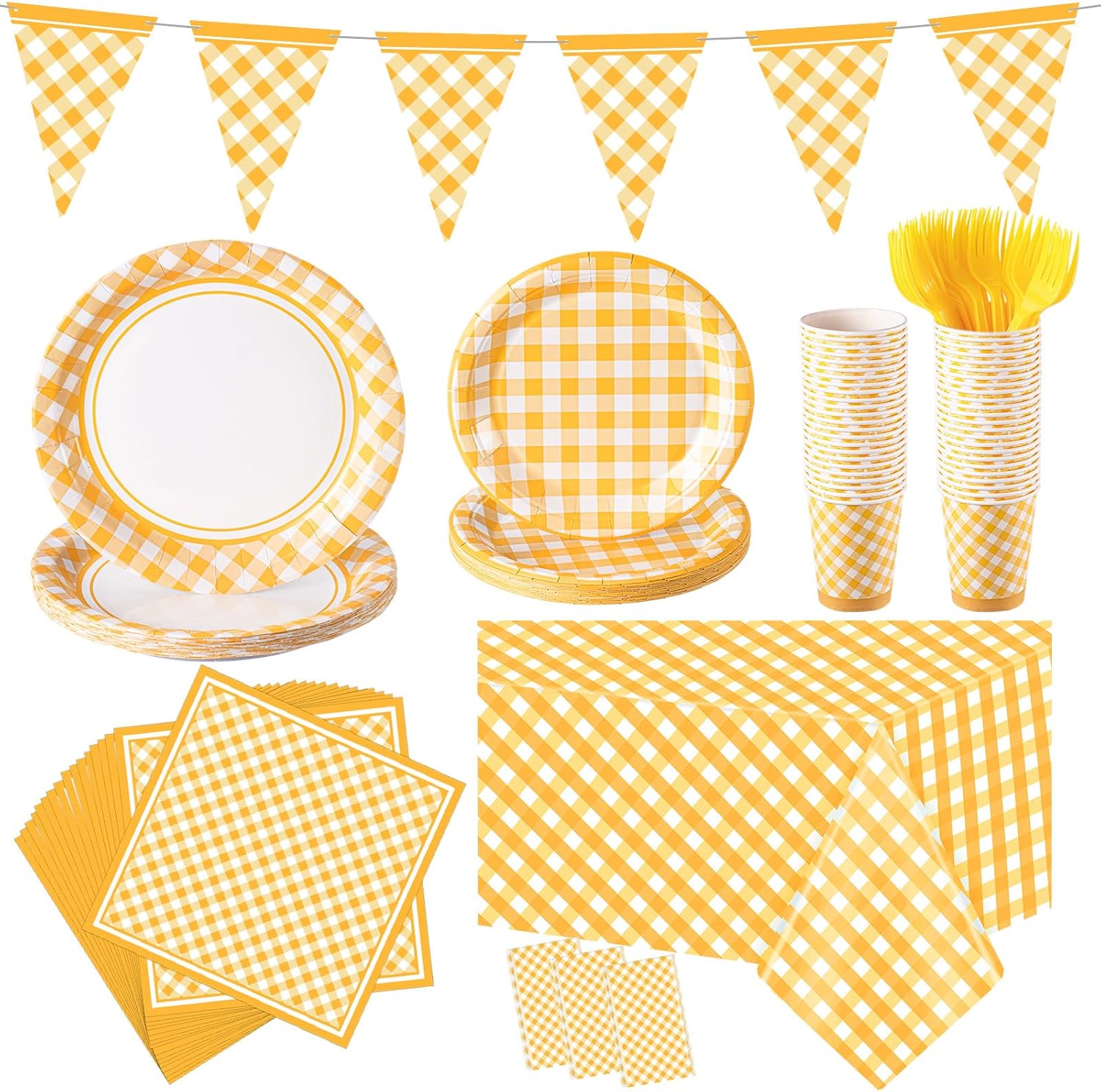 Preboun 198 Pcs Gingham Party Supplies for 24 Guests Checkered Plaid Tablecloth Pennant Banner Plate Cup Napkin and Cutlery for Picnic BBQ Birthday Baby Shower Party(Light Yellow, White)
