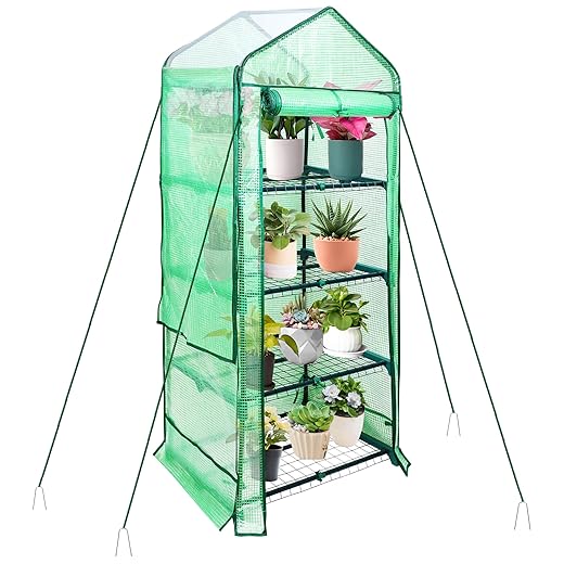 4 Tier Mini Greenhouse for Outdoor Indoor, Double-Layer Roof, Heavy Duty Small Greenhouses with PE Cover, Portable Green Houses for Outside Winter Plant Protection, 64'' H x 27'' L x 20'' W