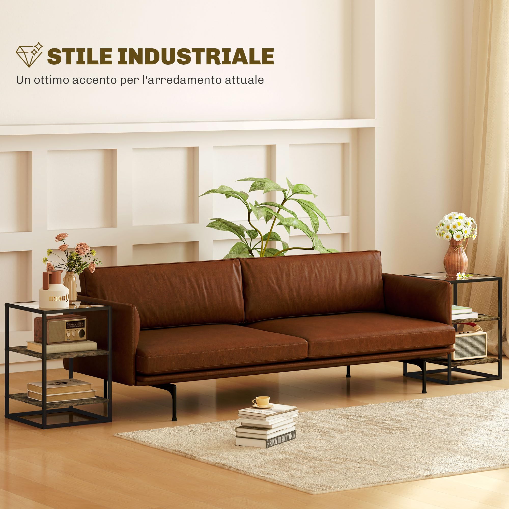 HOMCOM Set 2 Tavolini da Soggiorno a 3 Livelli con Base Rialzata, Tavolini Bassi in Legno, Metallo e Piano in Vetro Temperato, 37x40x55.5 cm, Marrone