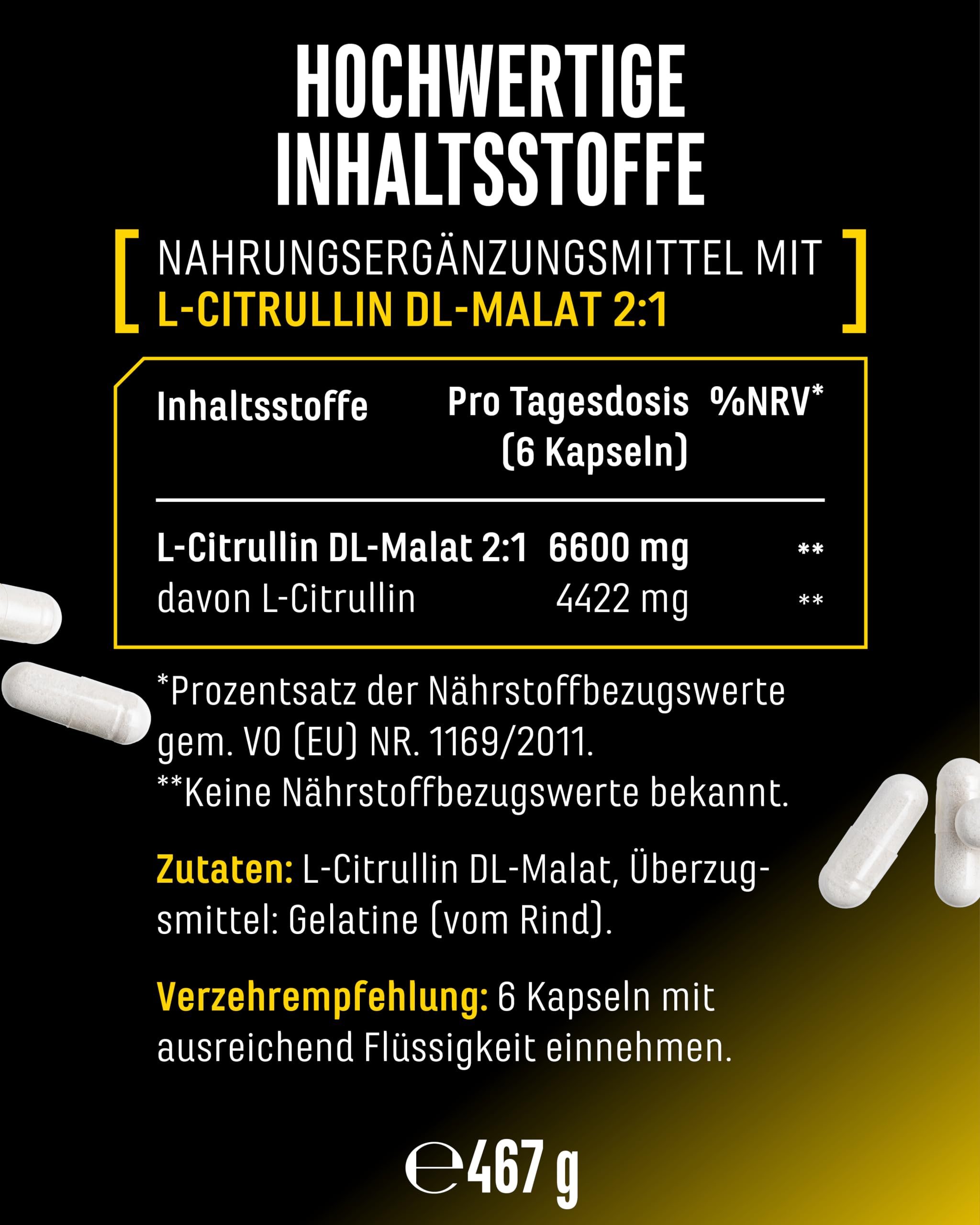 GEN GERMAN ELITE NUTRITION L-Citrullin Ultra Caps - 365 Kapseln - 1100 mg | DL-Malat 2:1, 6600 mg Tagesportion, 4422 mg L-Citrullin, pflanzliche Fermentation