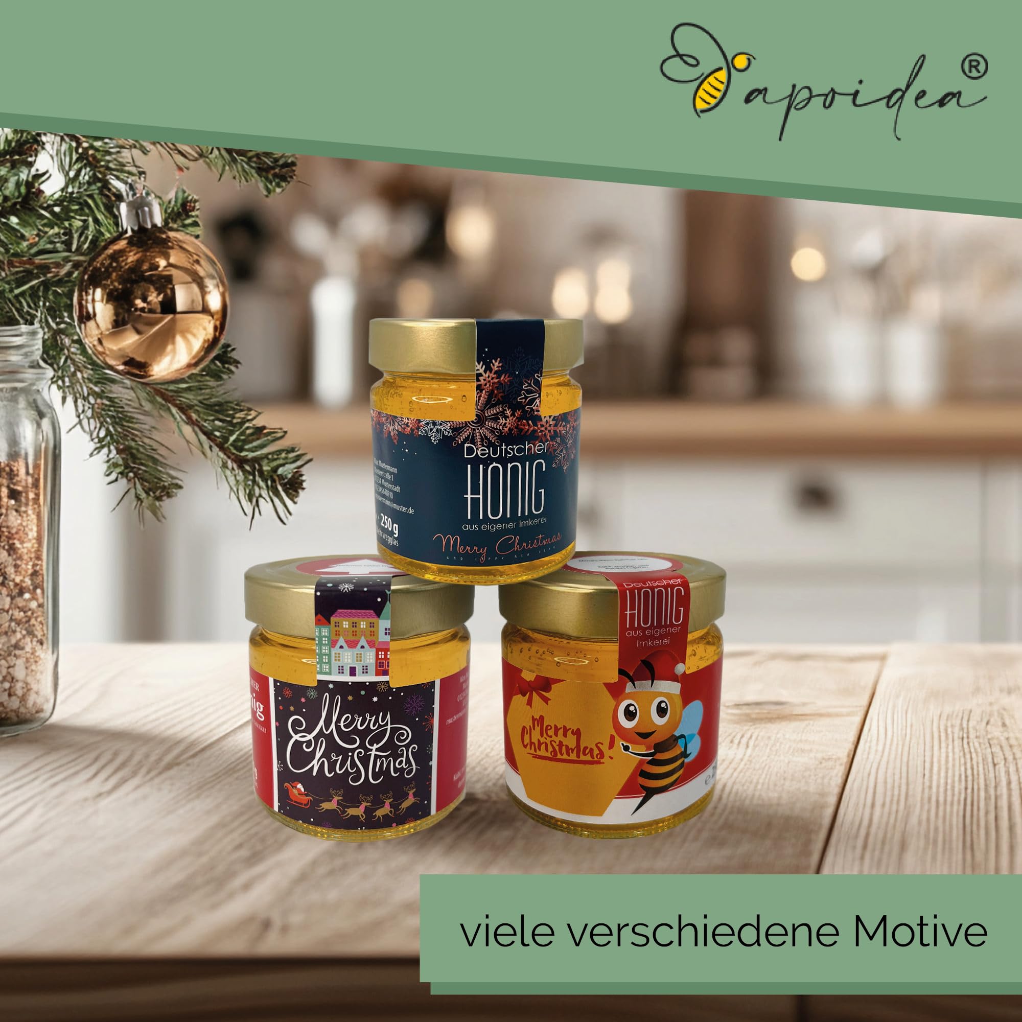 Apoidea – Honig Etiketten 500g mit Weihnachtsmotiv & Gewährverschluss selbstklebend & personalisierbar - 300 Stück/Etiketten Honiggläser/Honig Aufkleber für selbstgemachten Honig/Honigetiketten