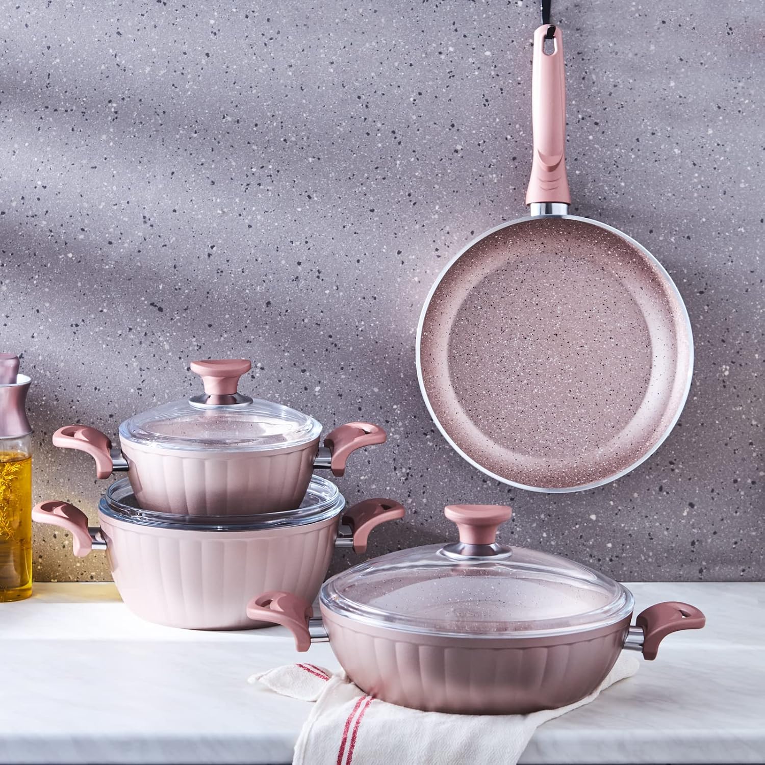 'Karaca Dream Bio Granite 7Piece Cookware Set, Rose, Deep Pot, Low Pot