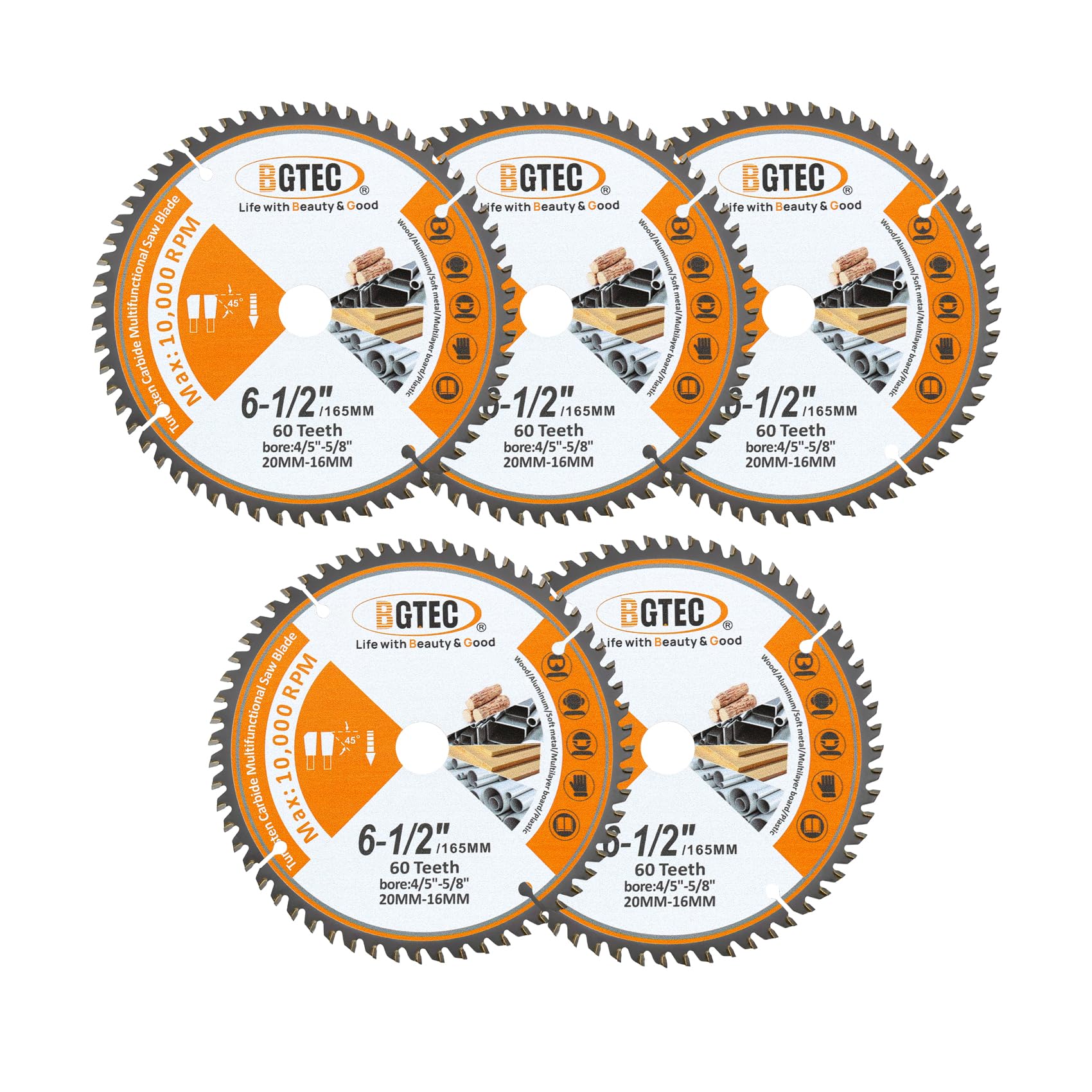 Lame per Seghe Circolari TCT con Denti in Metallo Duro per Uso Generale 165MM 60T con Foro di 20MM per Legno Alluminio Plastica Rame BGTEC, 5 Confezioni