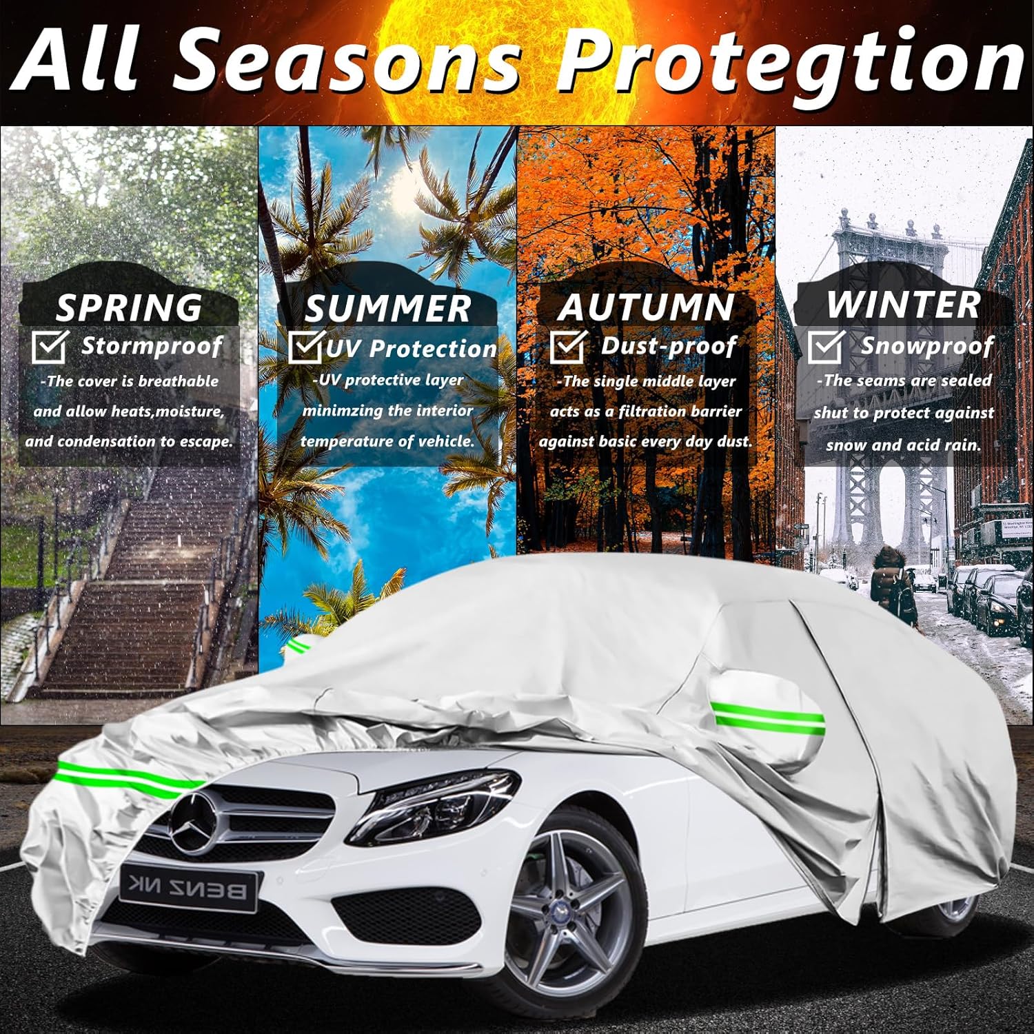Waterproof Car Cover for Mercedes Benz C-Class C300, C250, C43 2004-2025,210D All Weather Car Covers with Zipper Door,Windproof Bands for Sun UV Snow Rain Dust Hail Protection（Sliver）