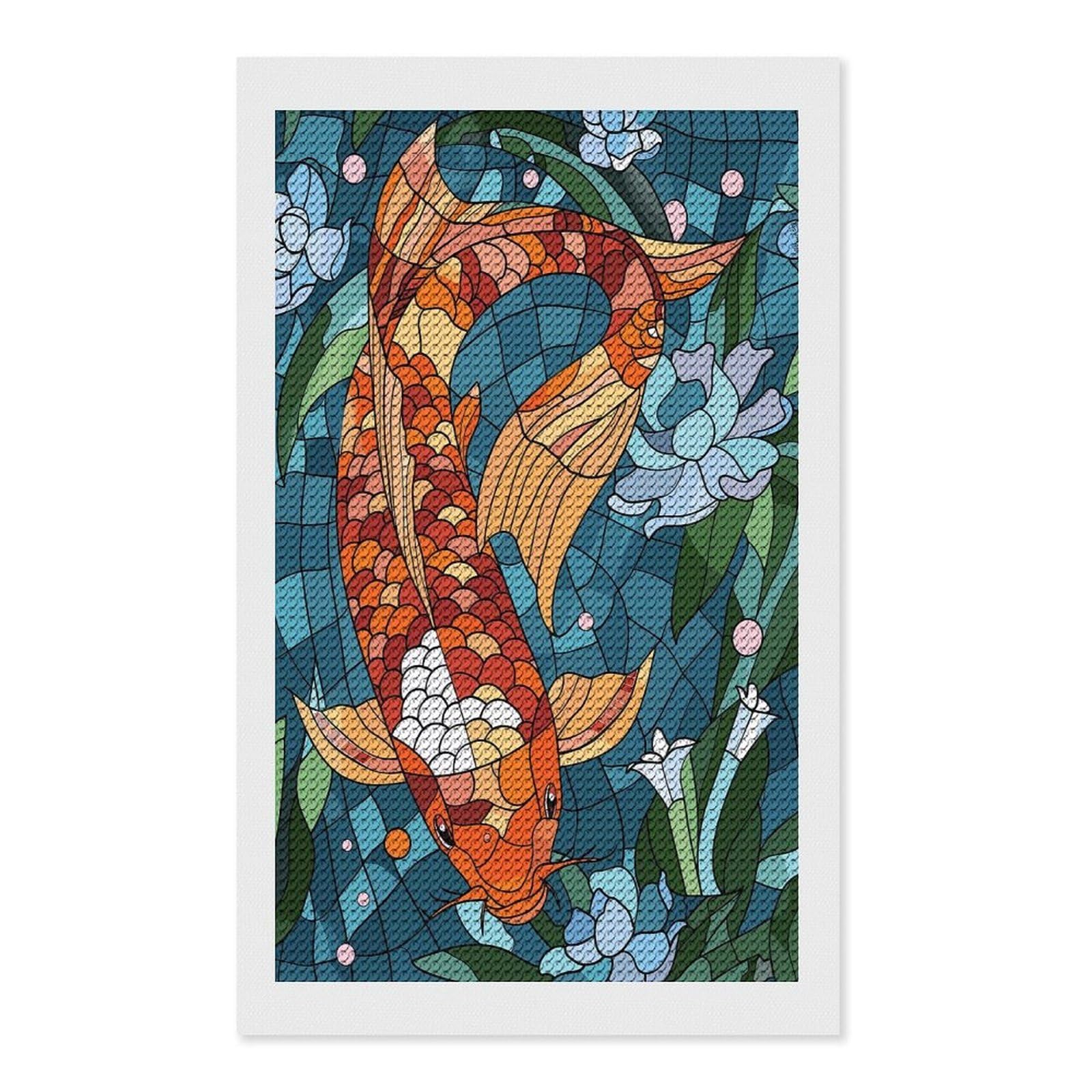 Junmoney Stained Glass Koi Fish and Lotus Flowers Diamond Painting Canvas Set 12"x20", with Tool Kit, Easy to Enjoy, Home Wall Decor, Thoughtful Handmade Gift