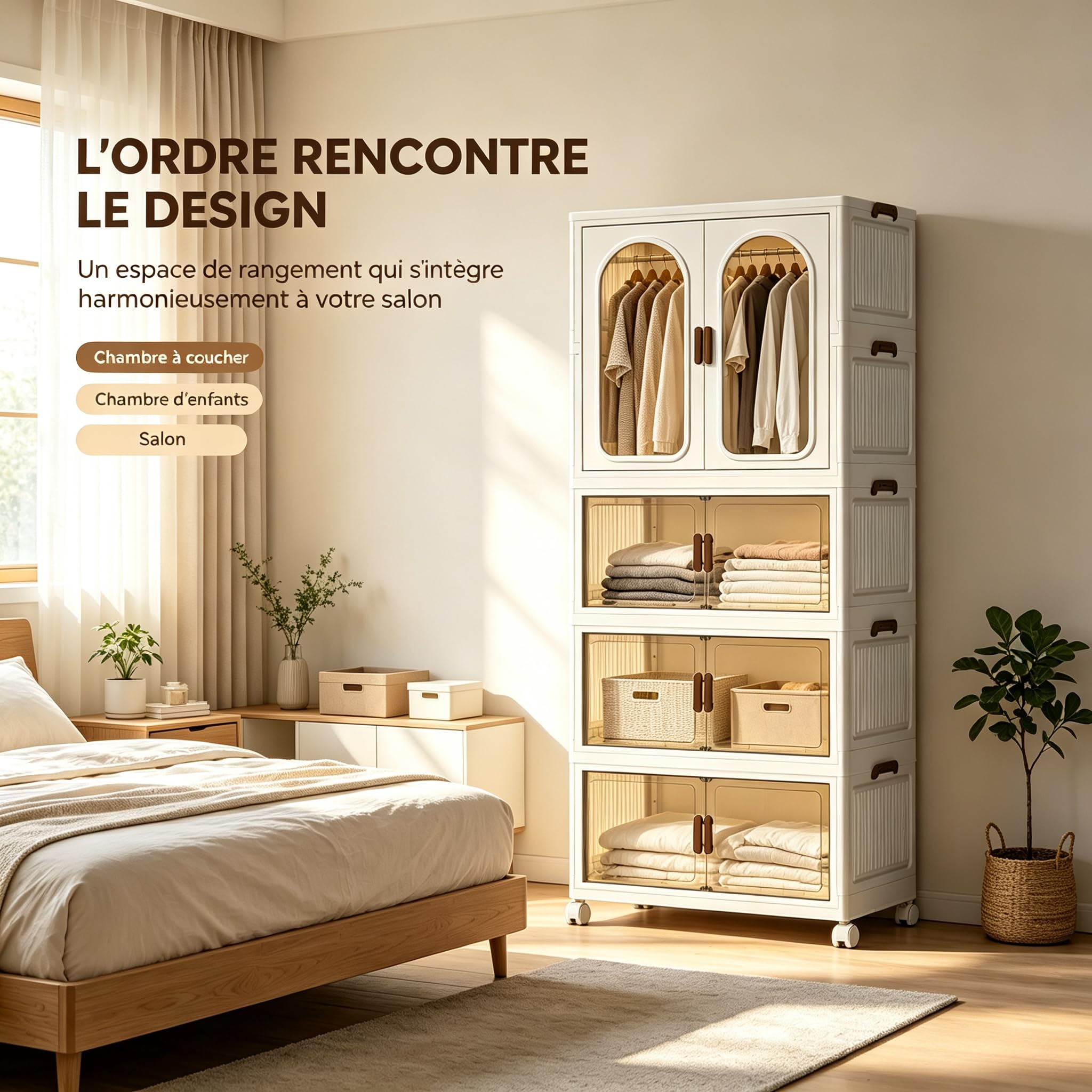 Armoire à vêtements pliable à roulettes, capacité 365L, 3 étagères en plastique, portes transparentes, anti-poussière et résistante à l'humidité