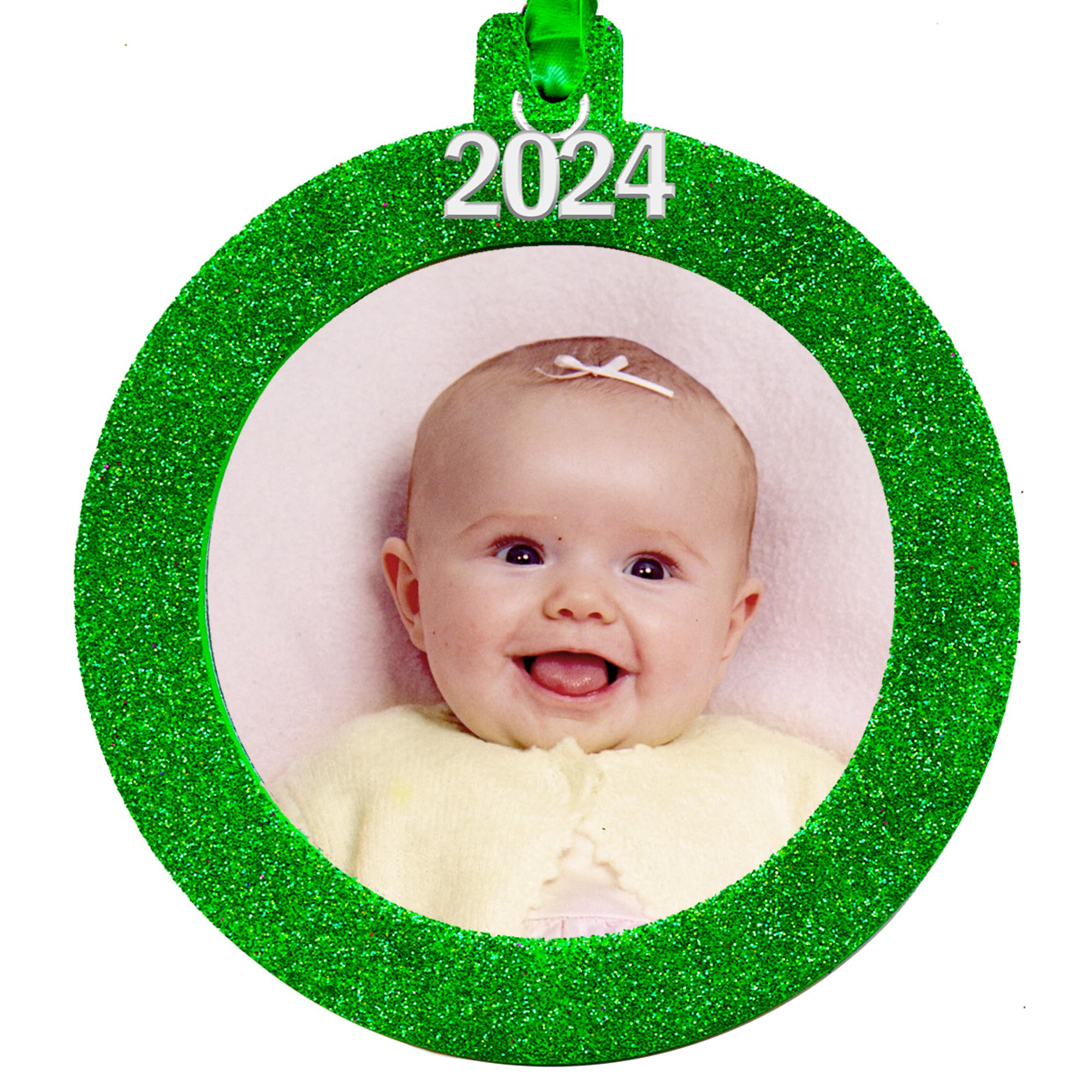 2024 Photo Ornaments for Christmas Tree, Sparkly Glitter Christmas Frame Ornament, Easy-Load Magnetic Design, Includes Satin Ribbon with Silver Charm