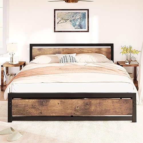 Miniatura 3 de Amyove Base de cama tamaño King con cabecera y estribo de madera, plataforma de cama King de metal, no necesita somier, 14 pulgadas, fácil de