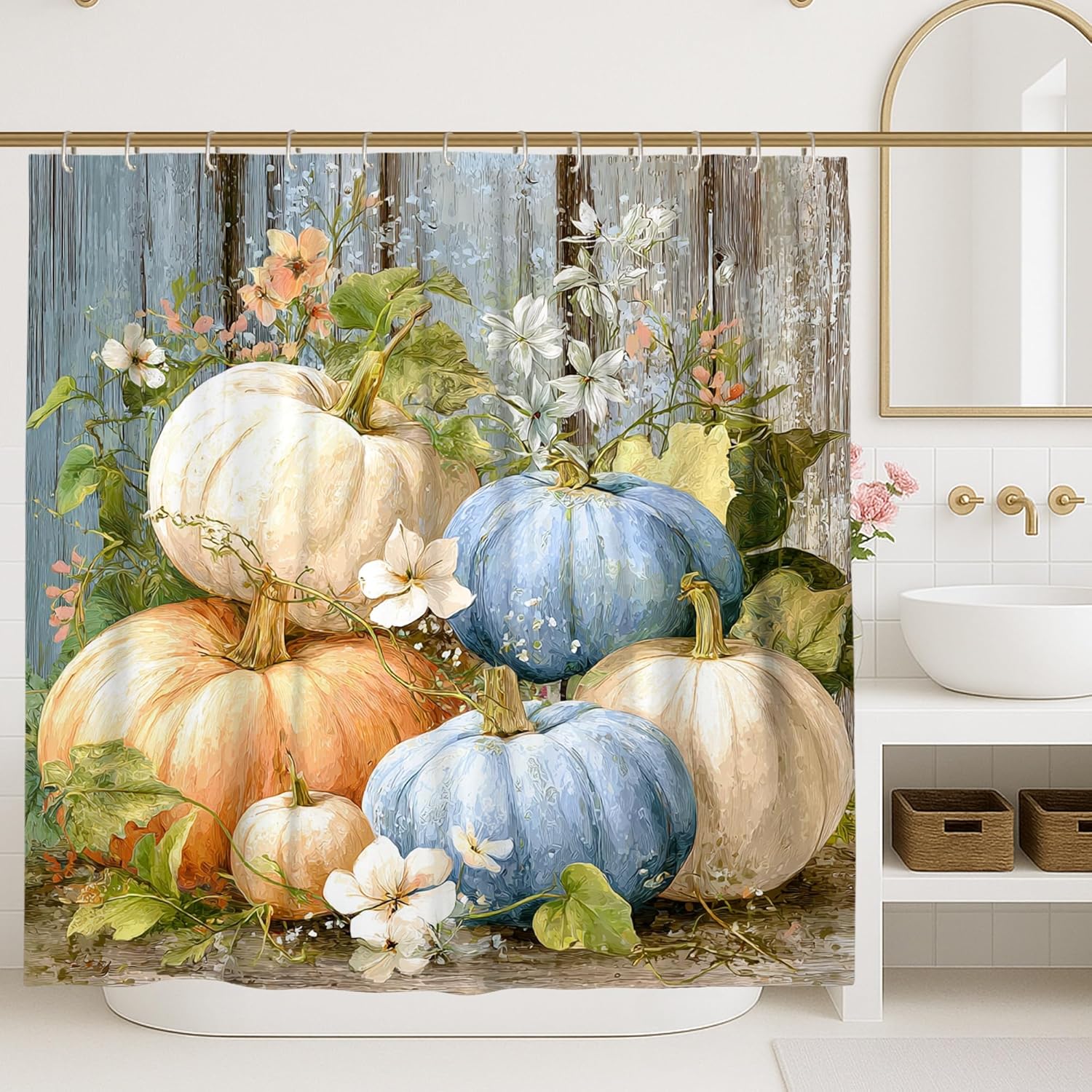 4Pcs Pumpkin Shower Curtain Set, Blue White Orange Floral Bath Mat Rugs Accessories for Autumn Decor, Rustic Modern Waterproof Fabric Shower Curtain Set with Hooks 72x72 Inch