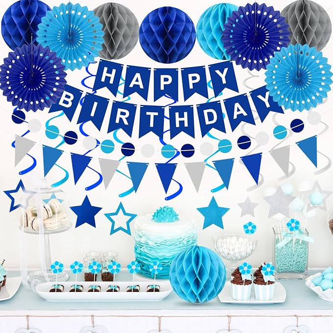 Kit Decoración Fiesta Azul Cumpleaños Banderín Globos Abanic miniatura 2