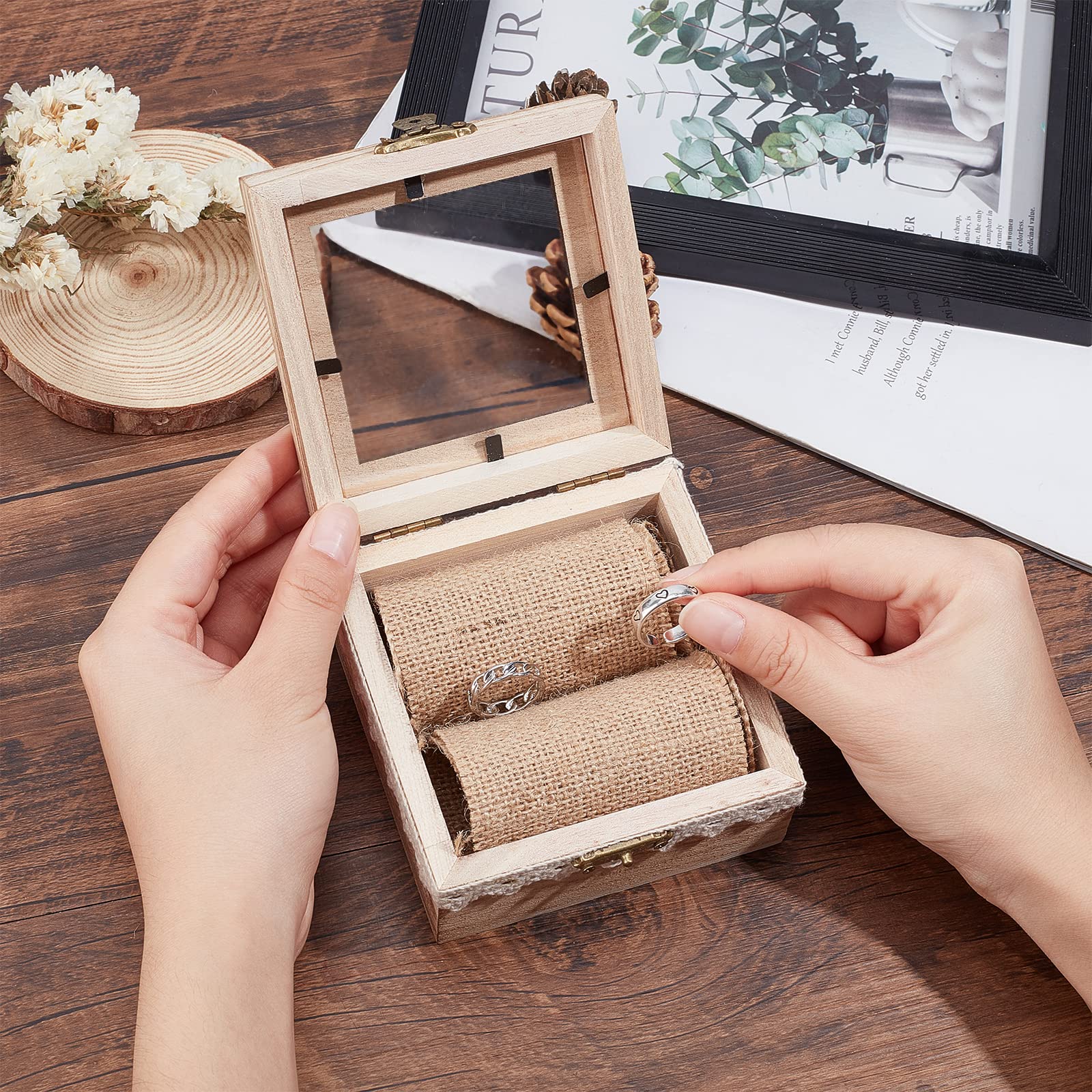 PH PandaHall Wooden Wedding Ring Box - Rustic Ring Holder For Ceremony, Engagement, Jewelry Storage, 5.4x5.4 Cm - View #9