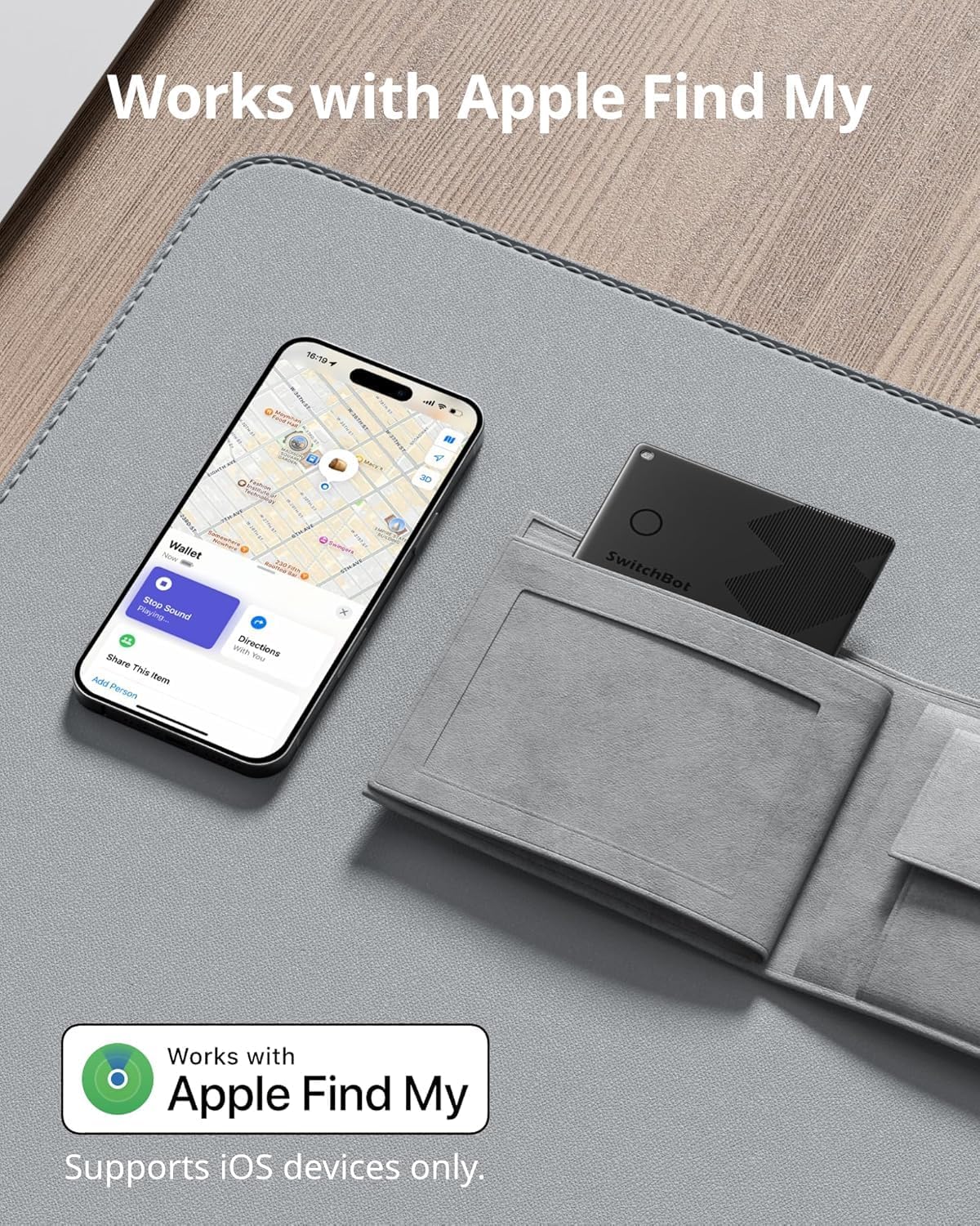 An iPhone displaying the Apple Find My app with a map showing the location of a wallet, and a SwitchBot Wallet Finder Card partially visible in a wallet.