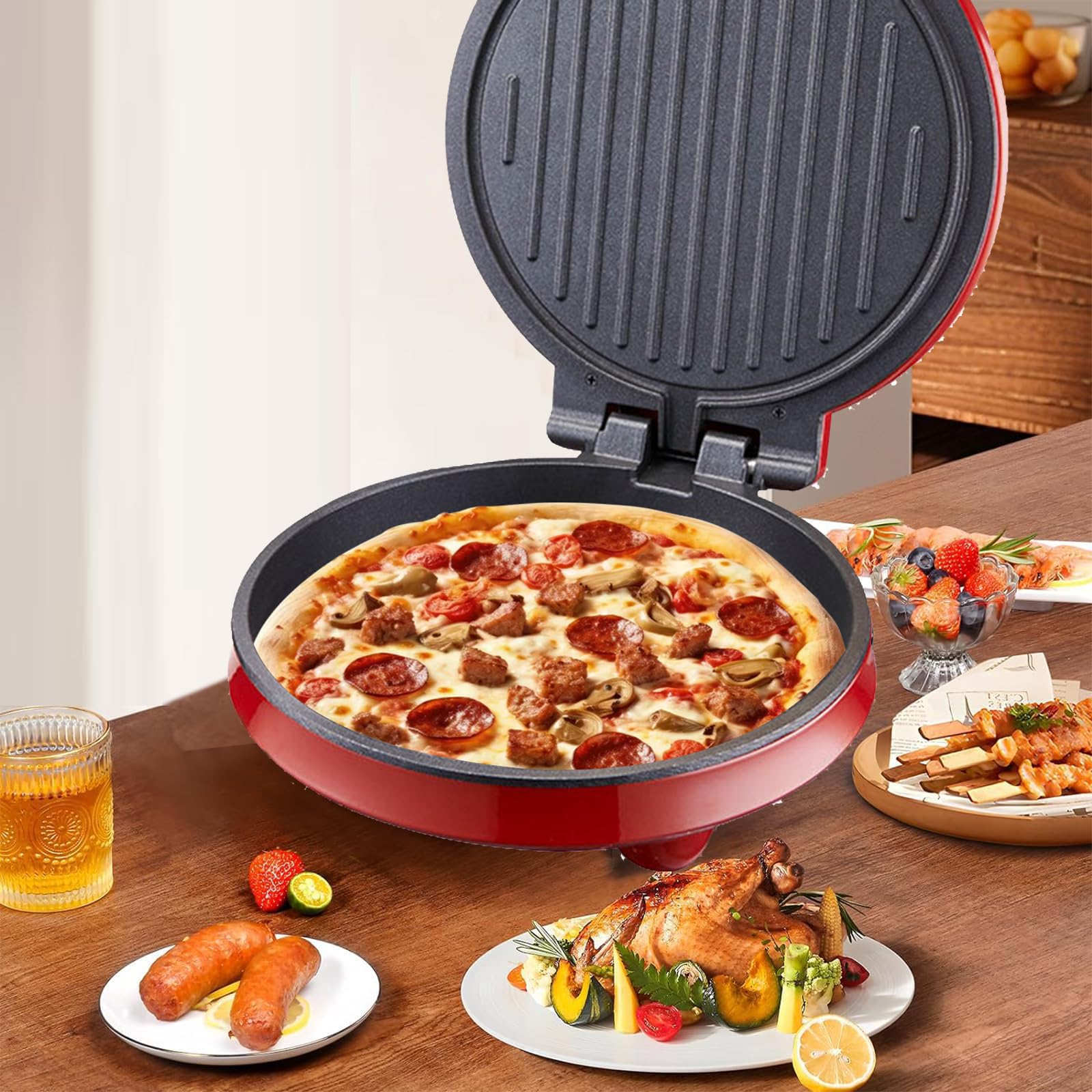 Machine À Pizza Électrique De Comptoir 25 Cm, Chauffage/cuisson Uniforme Des Deux Côtés, Plaque Chauffante Antiadhésive, Ouverture À 180 Degrés, Pour Pizzas, Steaks, 2 À 3 Personnes,Red
