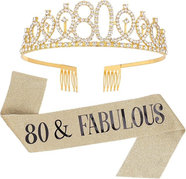 SUSSURRO "80 and Fabulous Sash and Rhinestone Tiara Set,80th Birthday Gifts Birthday Sash for Women Birthday Party Supplies( Gold)