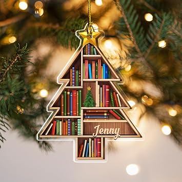 Pavo Book Lover Ornaments for Women, Transparent Acrylic Book Ornaments for Christmas Tree with Gold Hanging String, for Book Lovers, 46 Inch