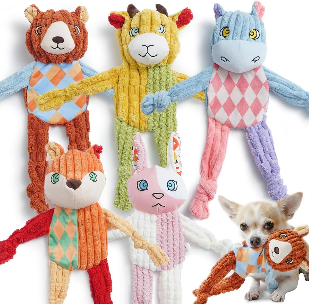 Nocciola 5PC No Stuffing Puppy Toys - Dog Toys Plushies Whimsical Variety Colors Animal Plush Toy with Squeaky Crinkle Sound to Keep Them Busy for Small Medium Dogs