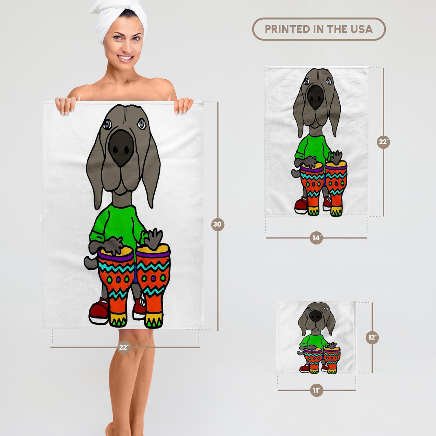 3dRose Cool Funny Weimaraner Dog Playing Bongo Drums Music 22x30 Bath Hand Pool Towel
